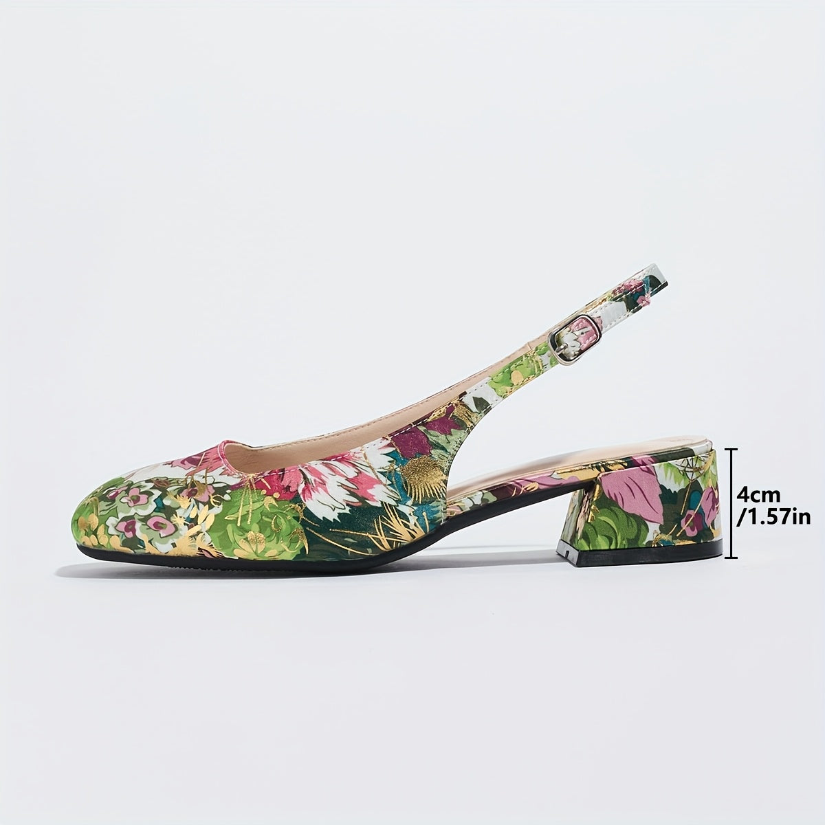Elegant Women's Floral Mid-Chunky Heel Sandals - Square Toe, Ankle Strap, Faux Cover Lining, Rubber Sole, Summer Dress Shoes in Vibrant Green, Red & Pink Floral Pattern, Semiformal Shoes | Floral Wedge Sandals | Rubber Sole S