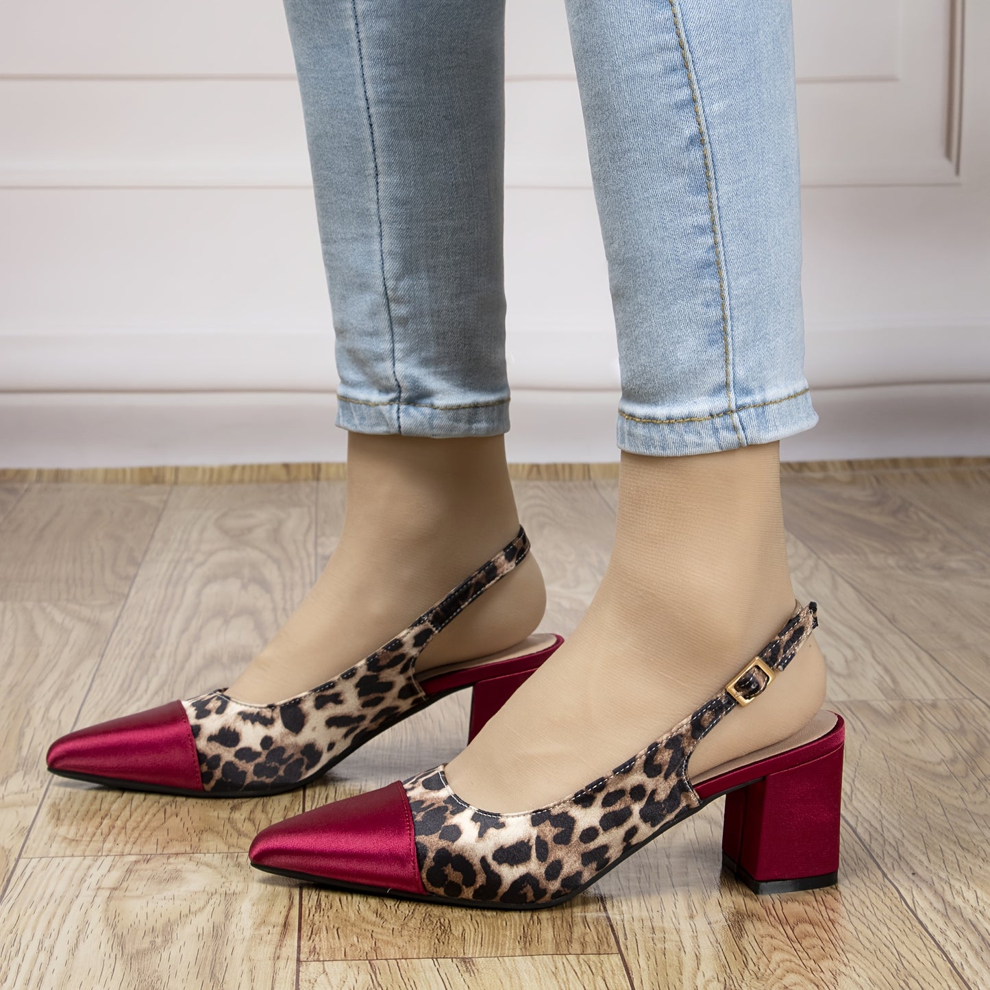 Women's Wine Red Leopard Print Slingback High Heel Pumps 2.36 Inch Chunky Block Heel Pointed Toe Comfortable Fabric and PU Cover Versatile for Summer Parties Casual Outings Office Ideal Gift for Fashion Women