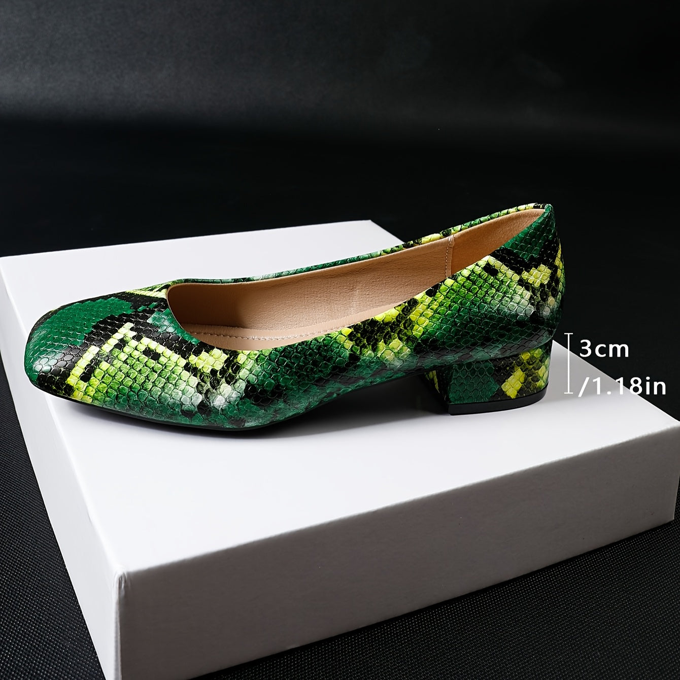 Women's Snake-Print Square Toe Low Block Heel Slip-On Shoes - Vibrant Green Faux Cover Comfortable Casual & Formal Dress Shoes with Non-Slip Rubber Sole, All-Season Versatile (Extended Sizes Available), Everyday Stylish Wear,
