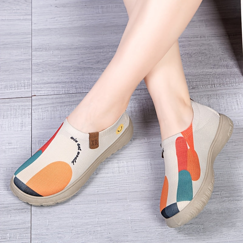 New Spring And Autumn Canvas Shoes, Casual Knitted Sports Painted Flats, Breathable Soft Sole Stylish Slip-On Women'S Shoes.