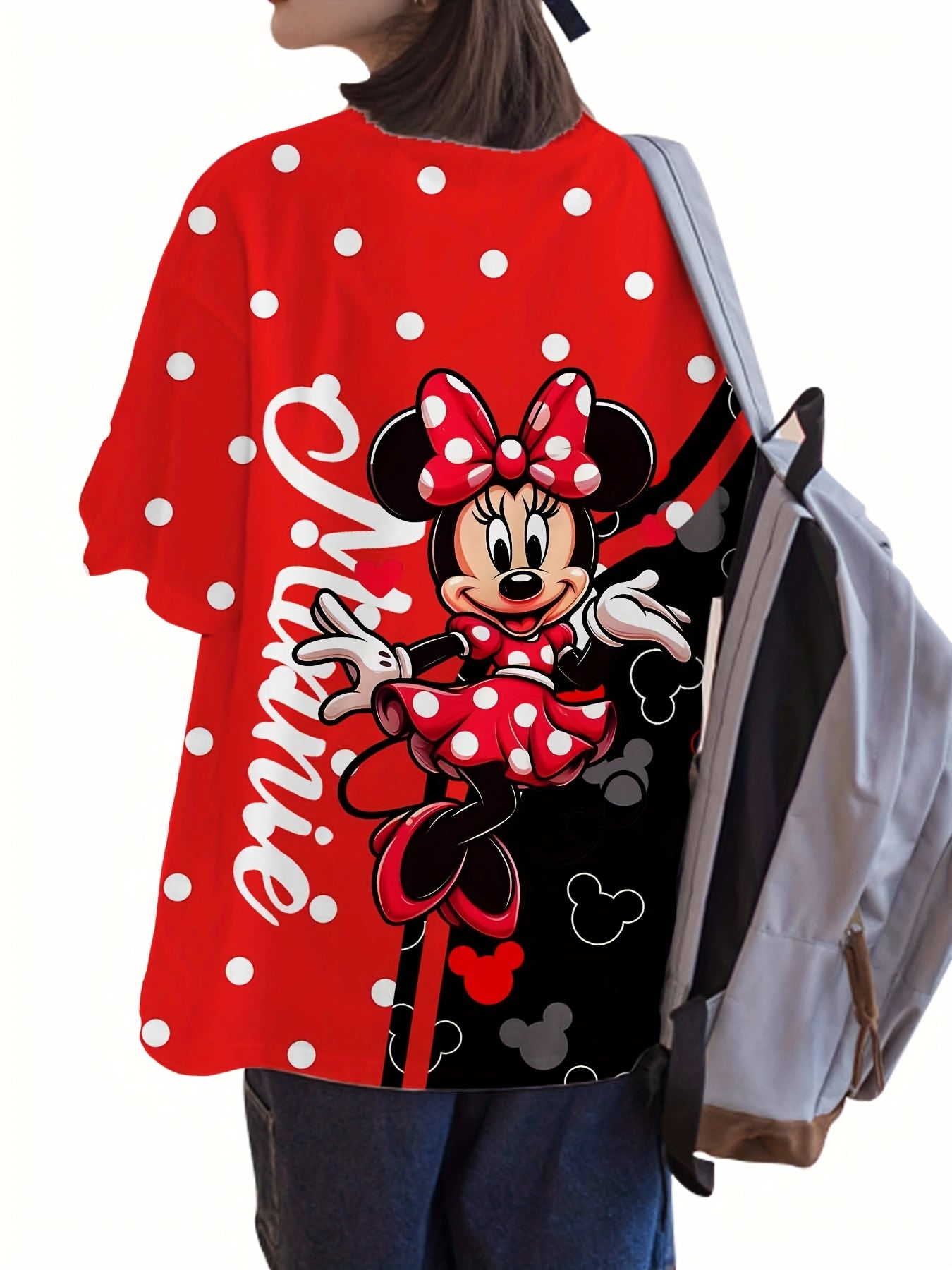 Disney Minnie 3D Pattern Plus Size T-shirt, Minnie 3D Print Short Sleeve Top, Disney Mickey Mouse Plus Size Women'S Clothing