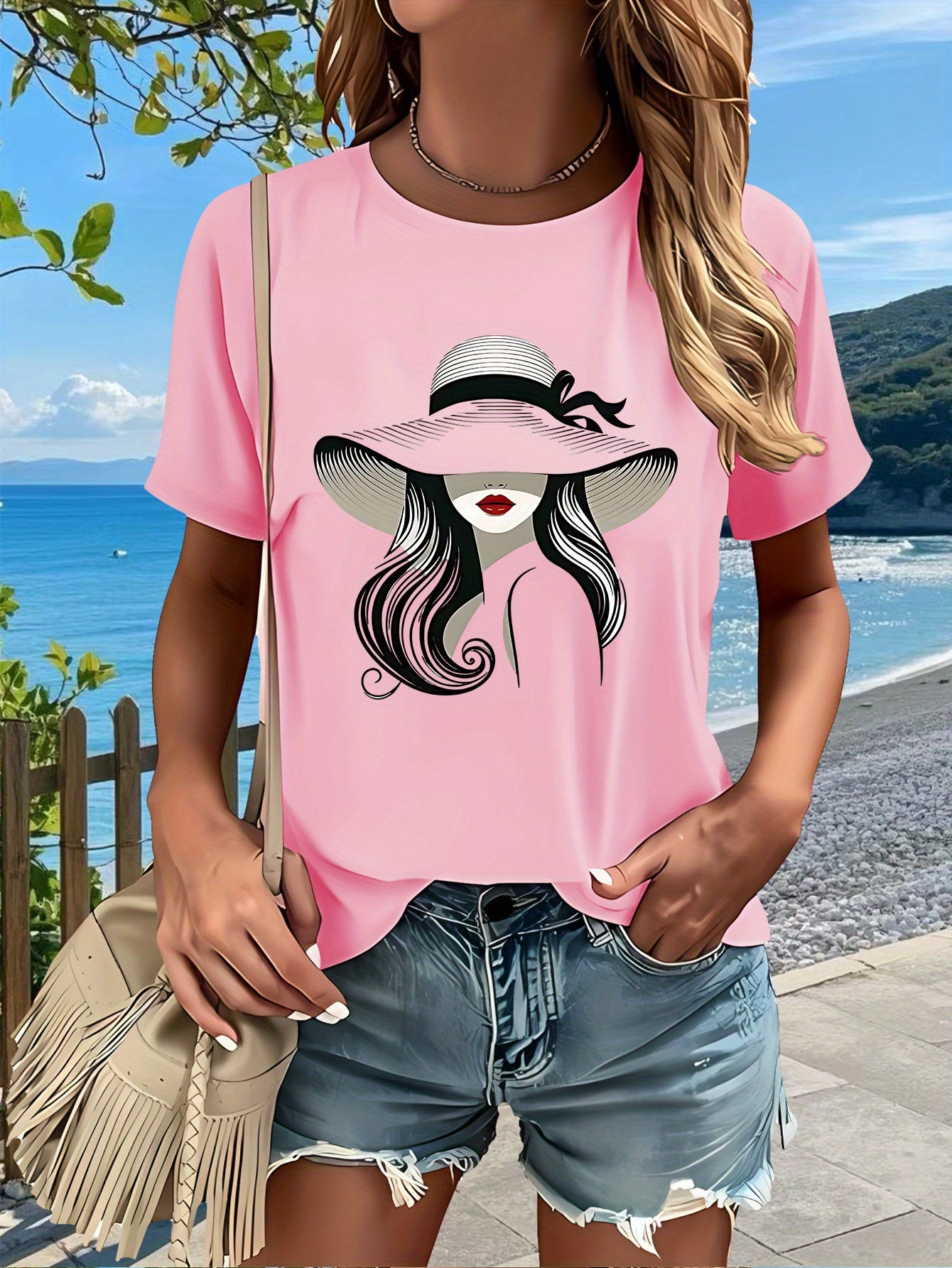 Hat Lady Gift 1pc New Women'S Summer T-Shirt, Printed, Short Sleeved Top, White, Red, Black, Green, Pink, Gray, Apricot, for Home, Outdoor, Party, Sports, Work, Vacation