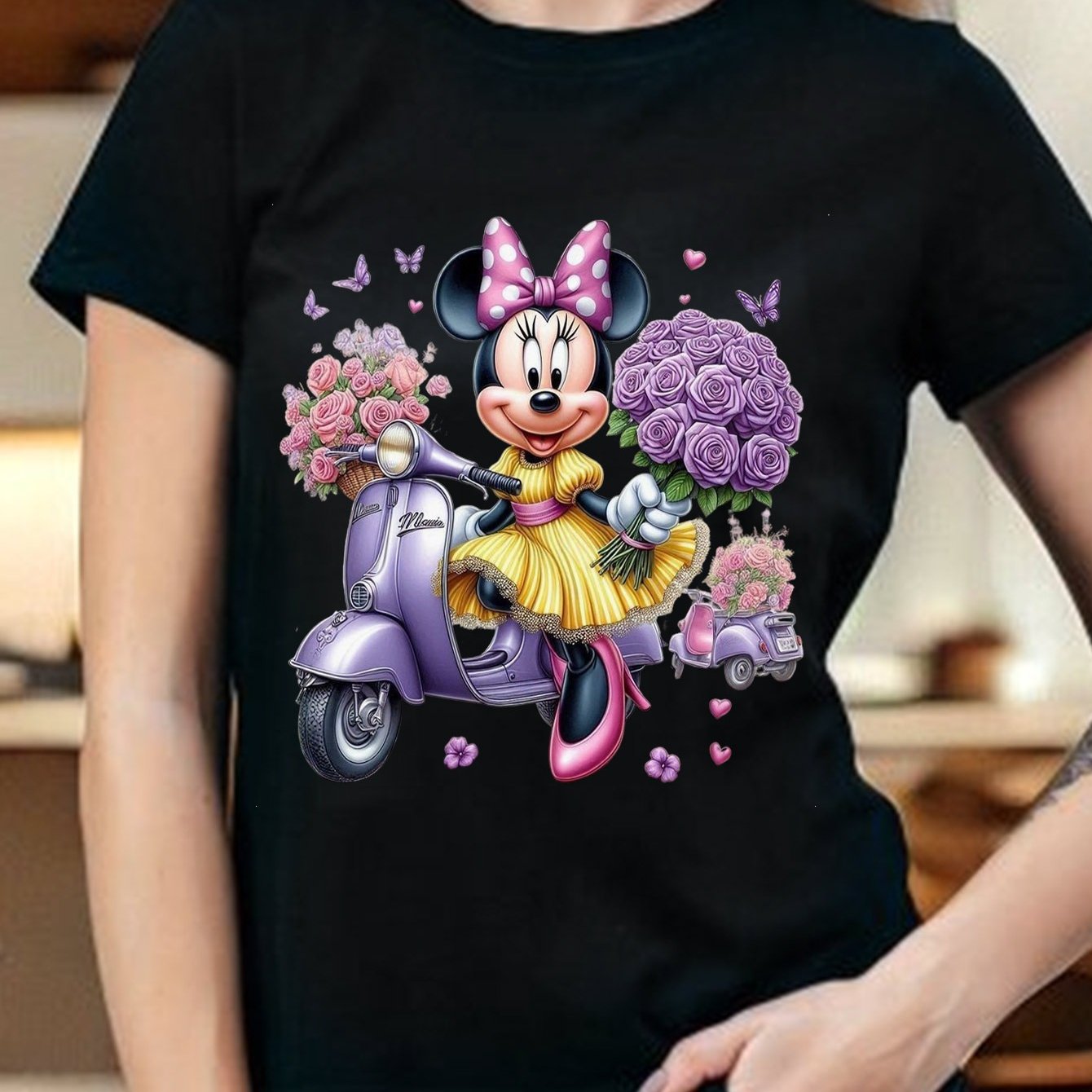 Disney Mickey & Minnie Series Women's Short Sleeve T-Shirt - 100% Cotton Cute Cartoon Print with Purple Scooter, Flowers & Butterflies - All-Season Comfort for Hiking, Date Night, Casual Outfits (S-XXL), Casual Wear Tshirt |