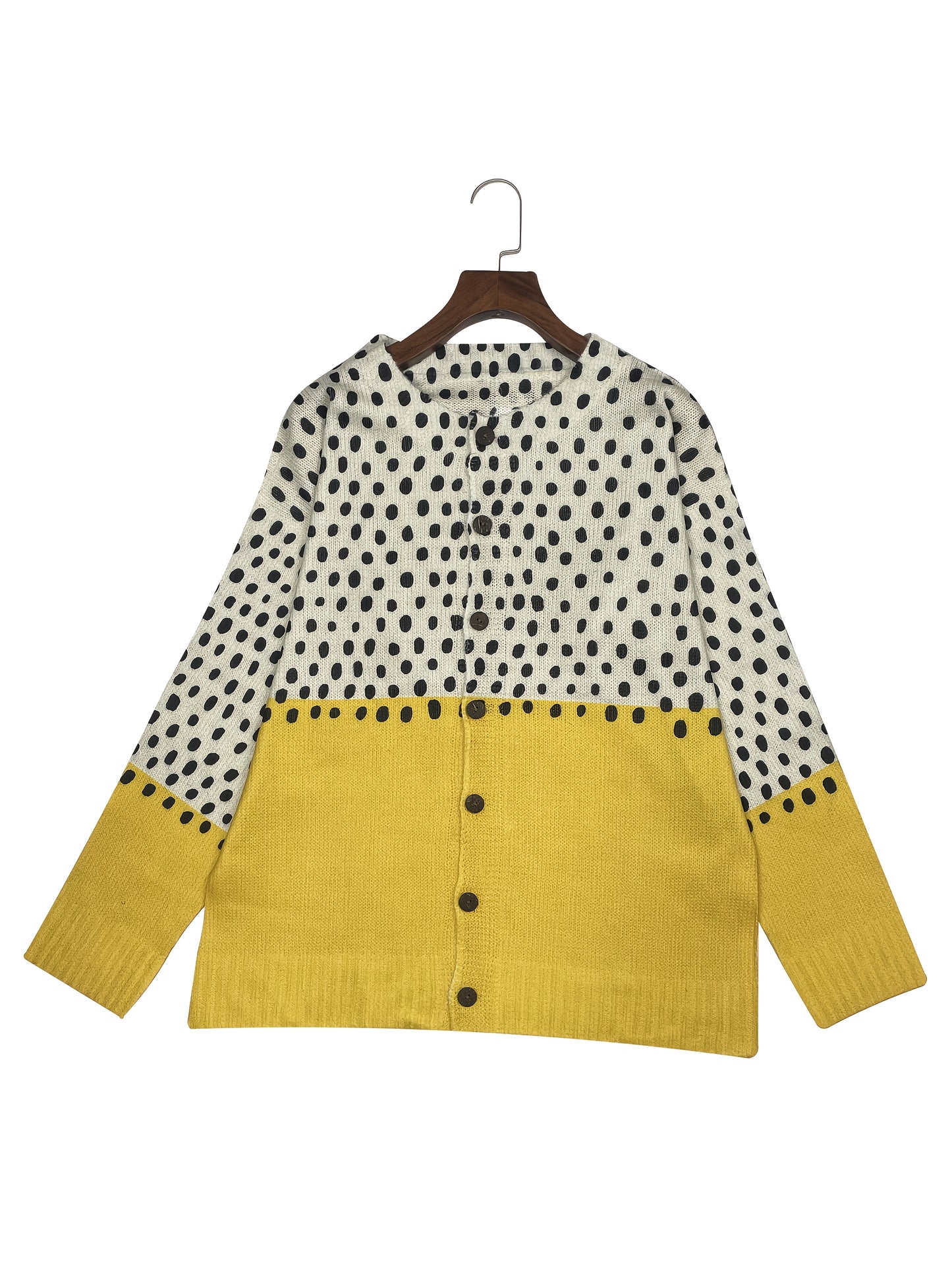 Women'S Stylish Green and White Polka Dot Cardigan - Round Neck, Button-Up Knit Sweater, Layered Design, Long Sleeves, Shiny Finish - Perfect for Casual or Younger Style Attire, Casual Wear|Layered Cardigan|Polyester Fabric