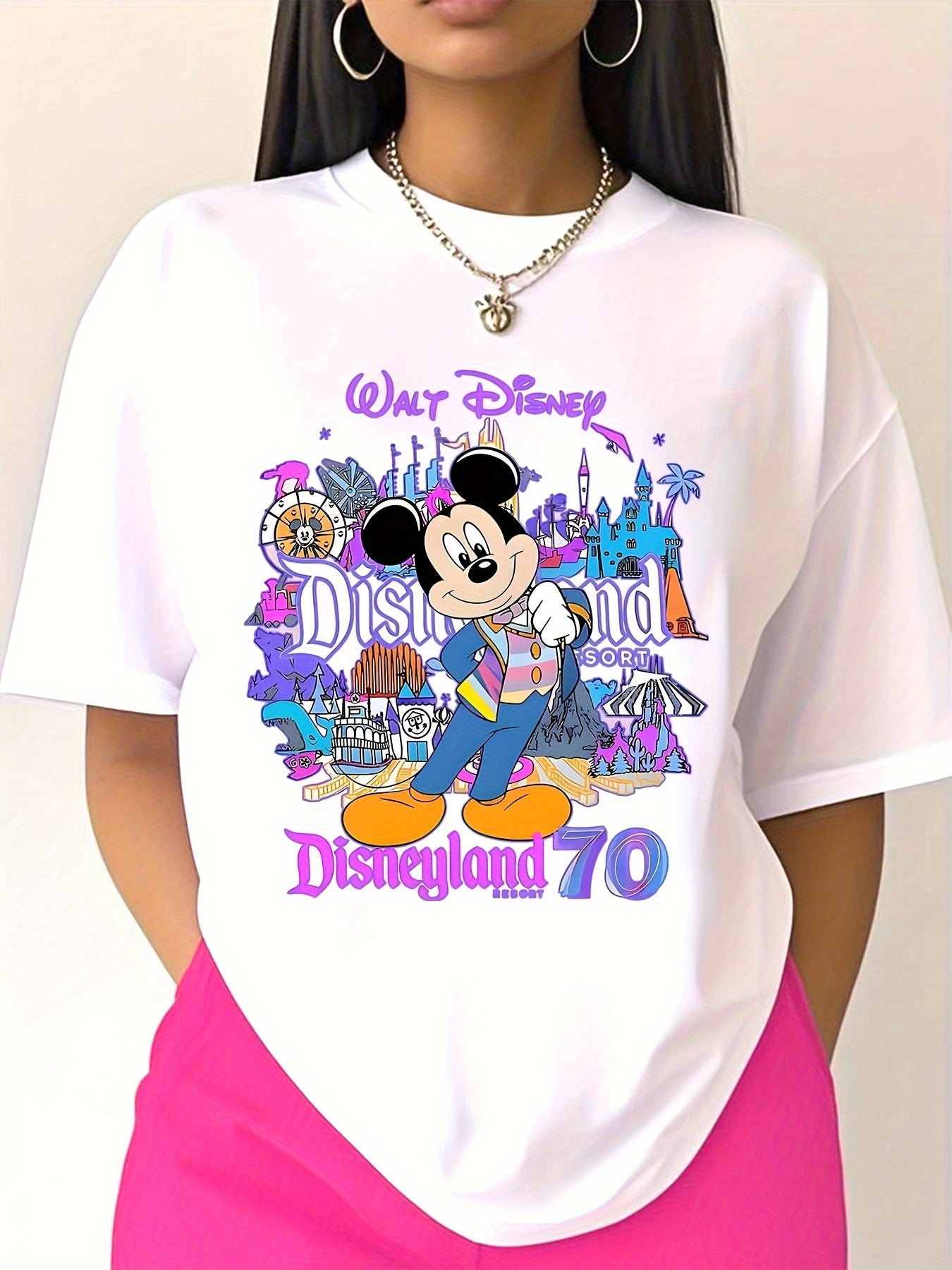 Disneyland 70th Anniversary Women's T-Shirt - Short Sleeve Round Neck Casual Top with Vibrant Disney Characters & Playful Graphic Design, Machine Washable Comfort Fit, Black & White, Holiday Gift for Family & Friends, Disney