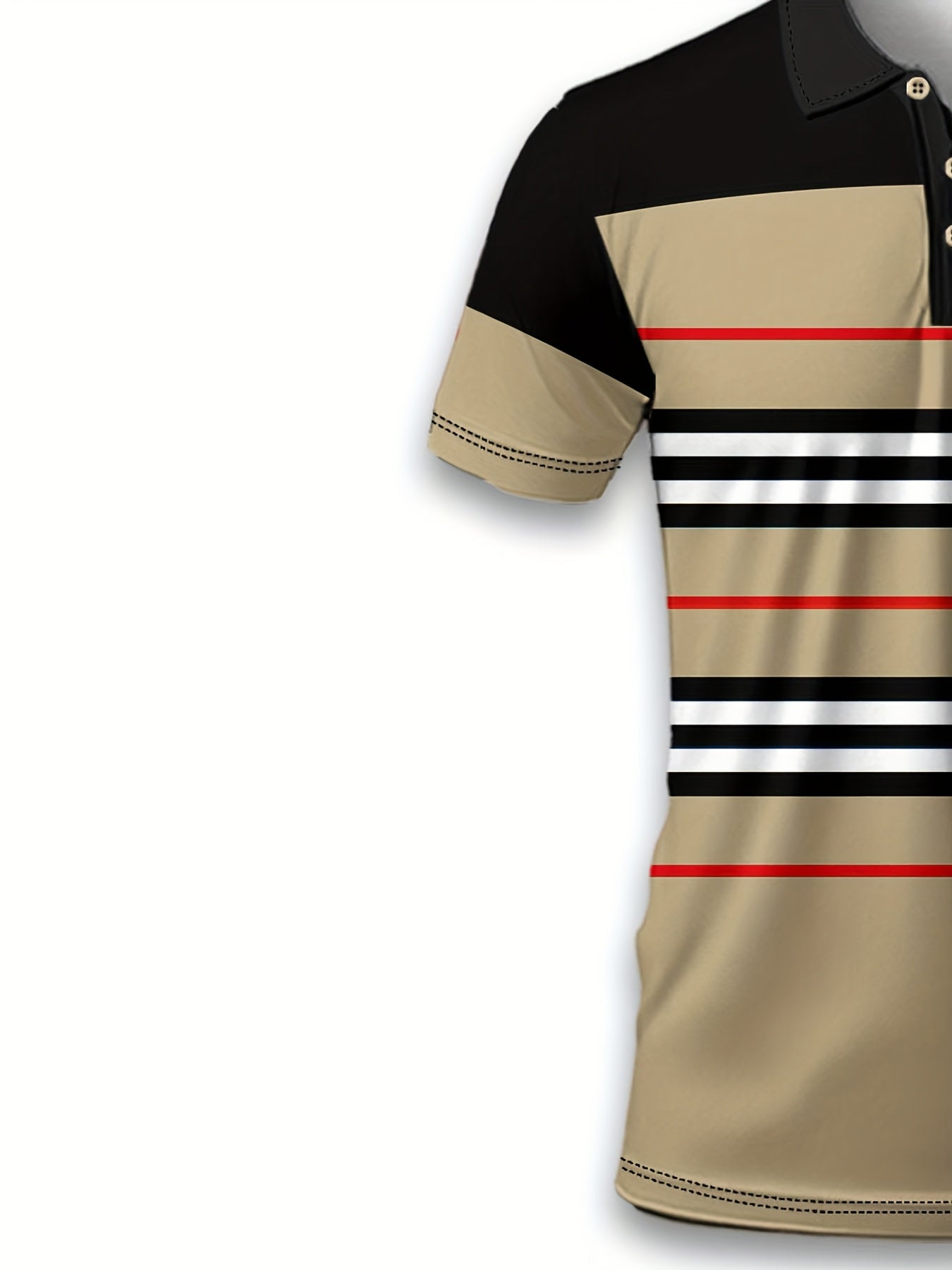 Men's Casual Striped Shirt - Breathable Short Sleeve, Beige/Black/Red/White Stripes, H-Fit for Spring/Summer Outdoor & Leisure Wear, Machine Washable, Smooth Texture Fabric, Classic Collar Design, Durable Summer Wear