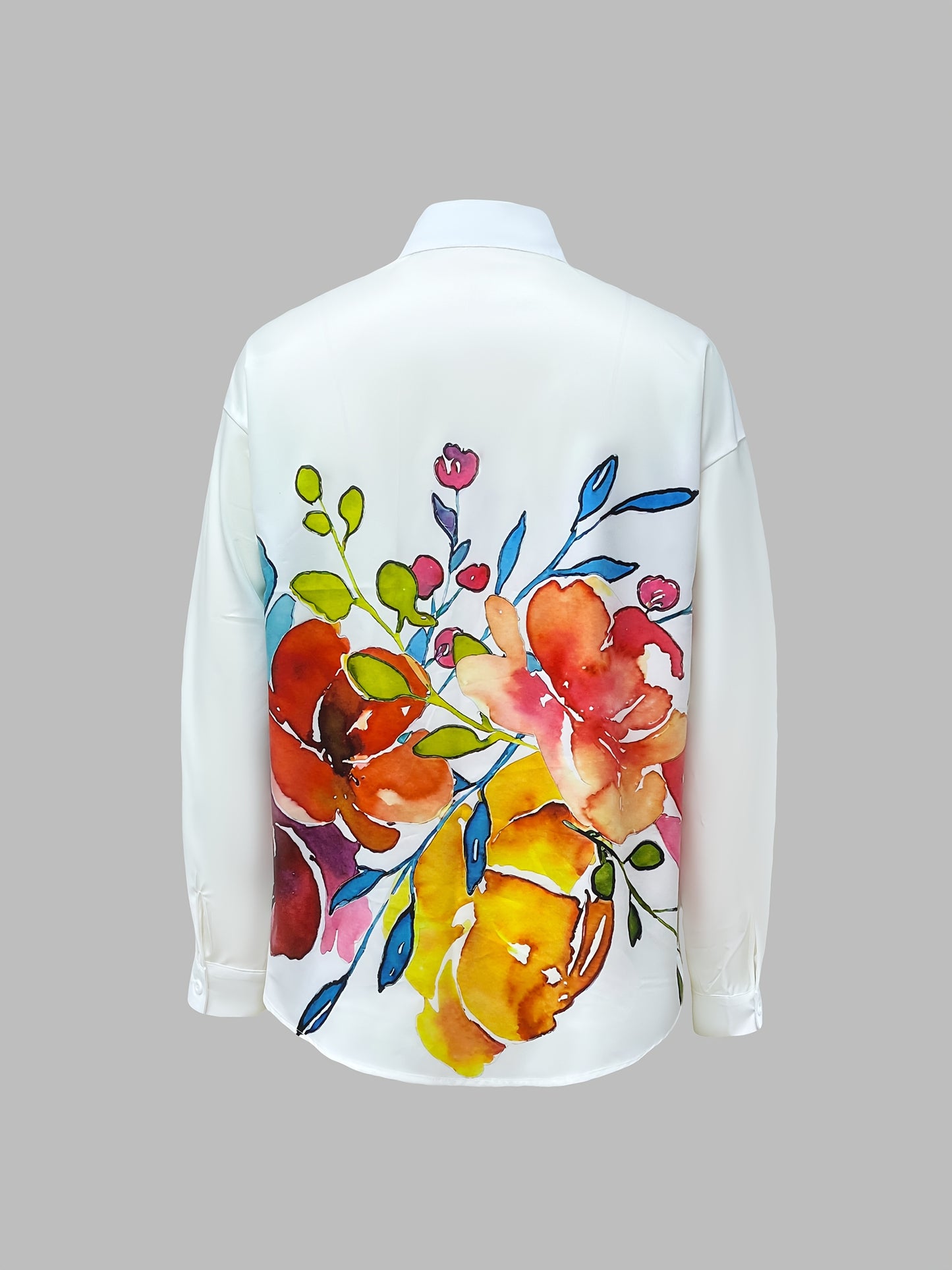 Women's Vibrant Floral Print Button-Up Shirt - Casual Long Sleeve with Turn- Collar, Machine Washable, All-Season Elegance, White Base with Colorful Flower Design, Casual Wear | Loose Fit Blouse | Nonelastic Fabric
