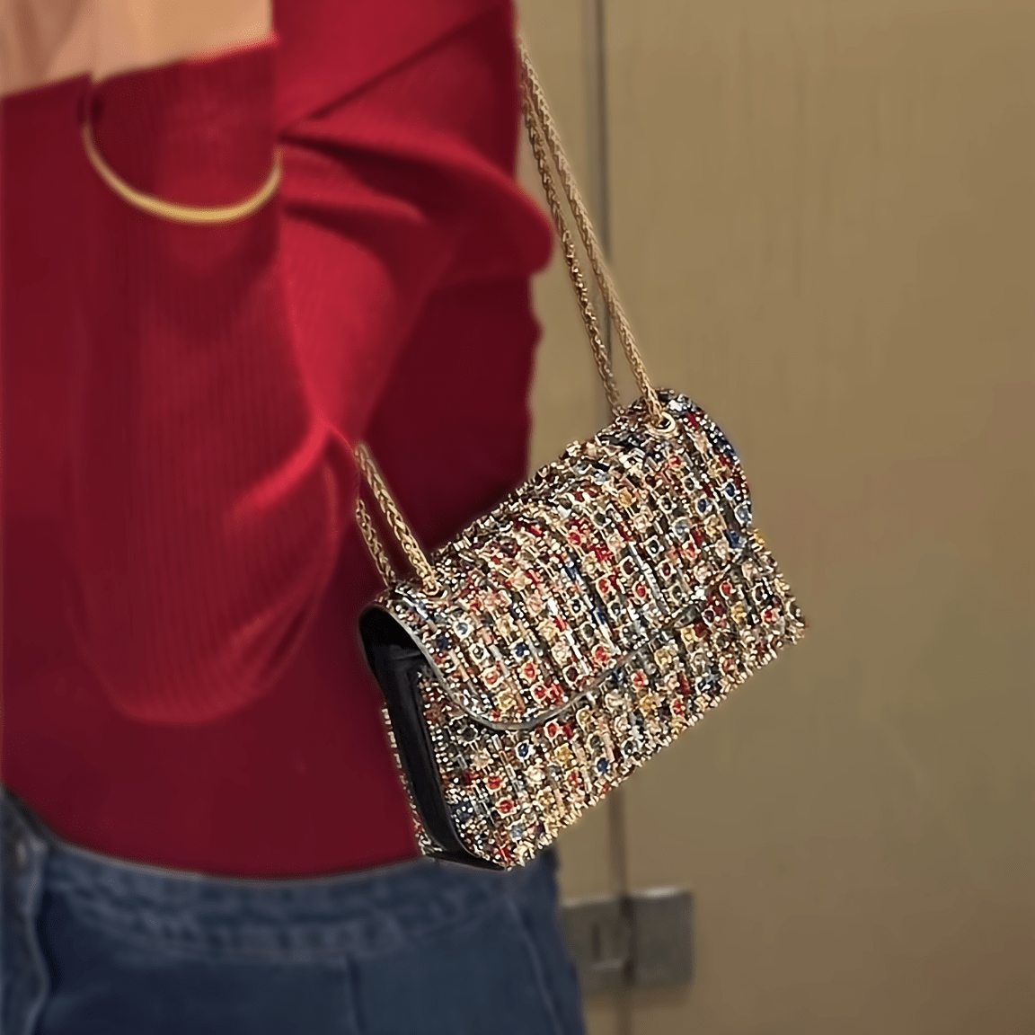 Luxurious Rhinestone and Beaded Women’s Evening Clutch Elegant Multicolor PU Handbag with Adjustable Strap and Golden Tone Hardware for Banquets Weddings and Formal Events