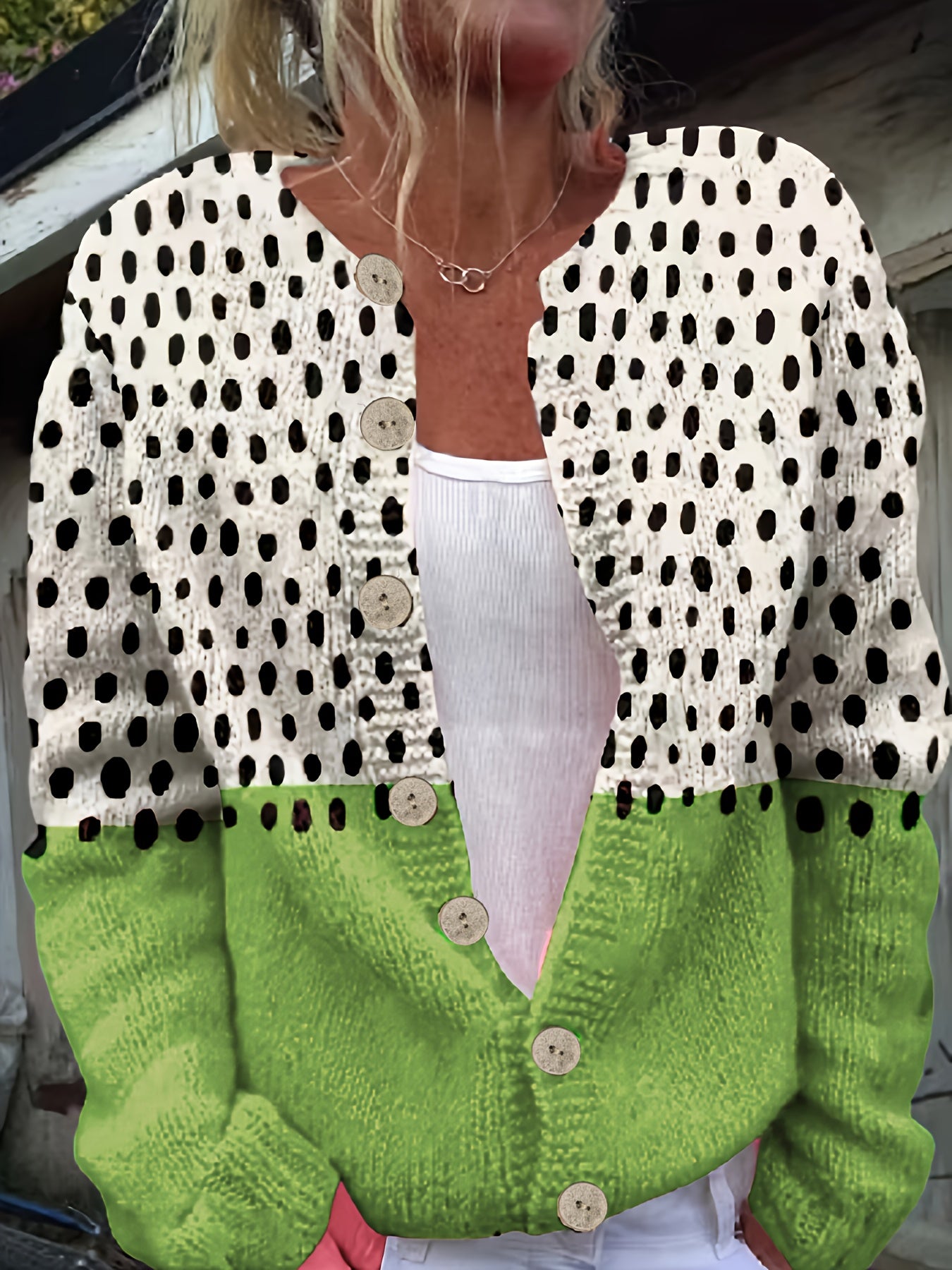 Women'S Stylish Green and White Polka Dot Cardigan - Round Neck, Button-Up Knit Sweater, Layered Design, Long Sleeves, Shiny Finish - Perfect for Casual or Younger Style Attire, Casual Wear|Layered Cardigan|Polyester Fabric