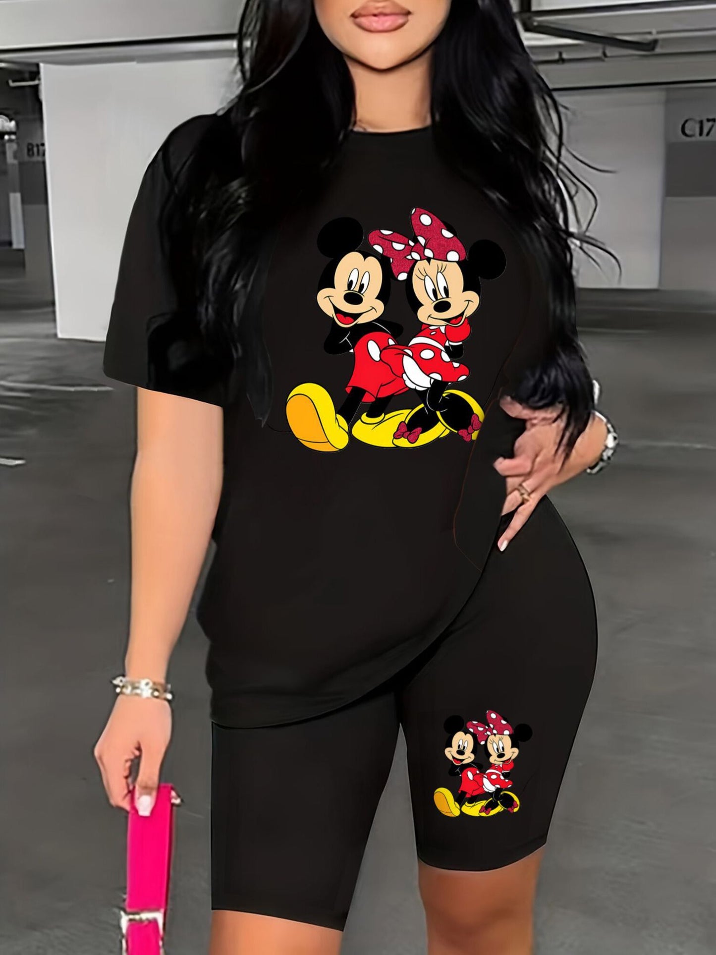 A Two-Piece Outfit Featuring a Printed Short-Sleeve T-Shirt with Dropped Shoulders And Cropped Leggings, Designed for Plus-Size Women, Licensed with Mickey And Minnie.