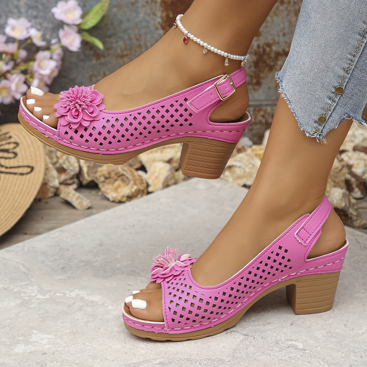 Women's Summer Korean-Inspired Floral Embroidered Sandals - Breathable Mesh Upper, Adjustable Ankle Strap & Hook-and-Loop Closure, Mid-Heel TPR Sole - Yellow & Pink Options for Casual Outings, Stylish Outdoor Footwear, Embell