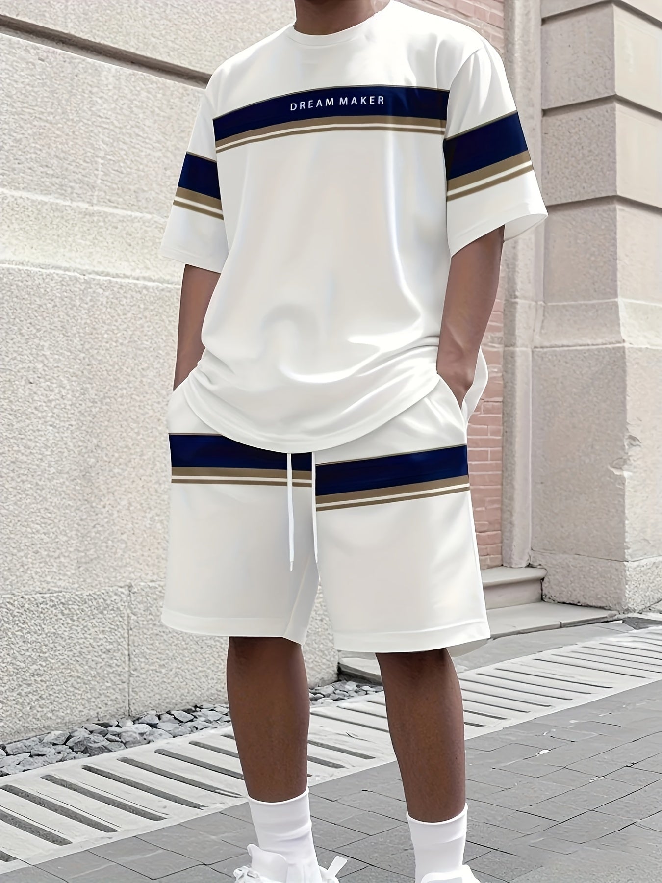 1 Set Of Men's Summer White Sports Casual Wear, Polyester Knitted Crew Neck T-shirt And Shorts Set, Breathable And Elastic, Sportswear, Striped, Suitable for Training And Leisure