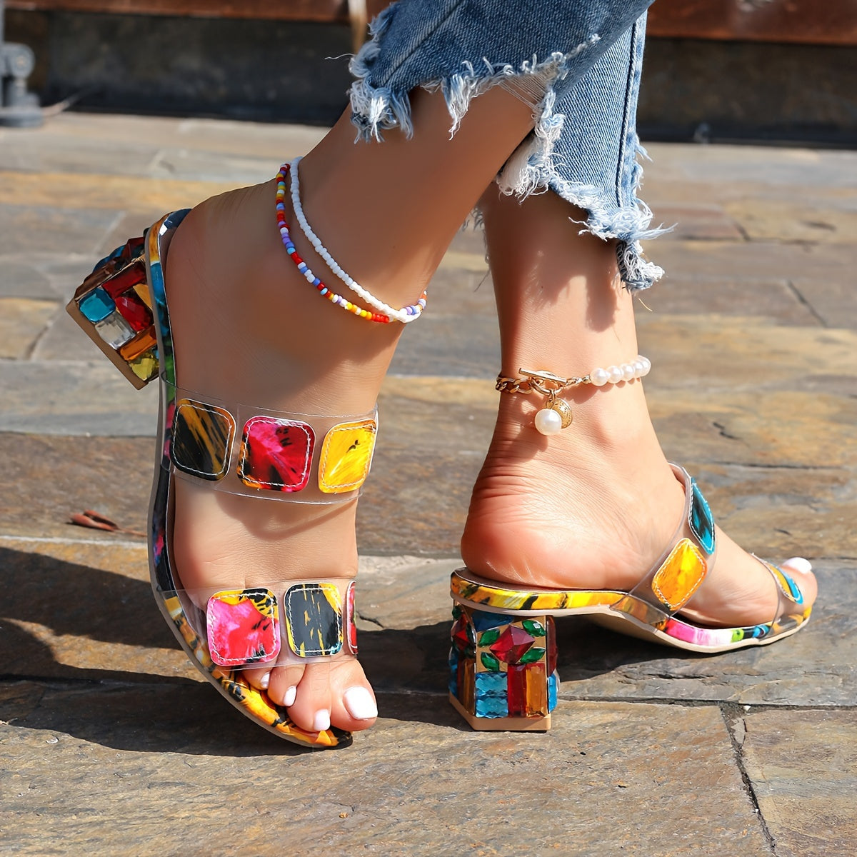 Women's Colorful Mosaic Print Slip On Sandals with Double Ankle Straps and Block Heels for Summer Casual Outings and All Season Wear