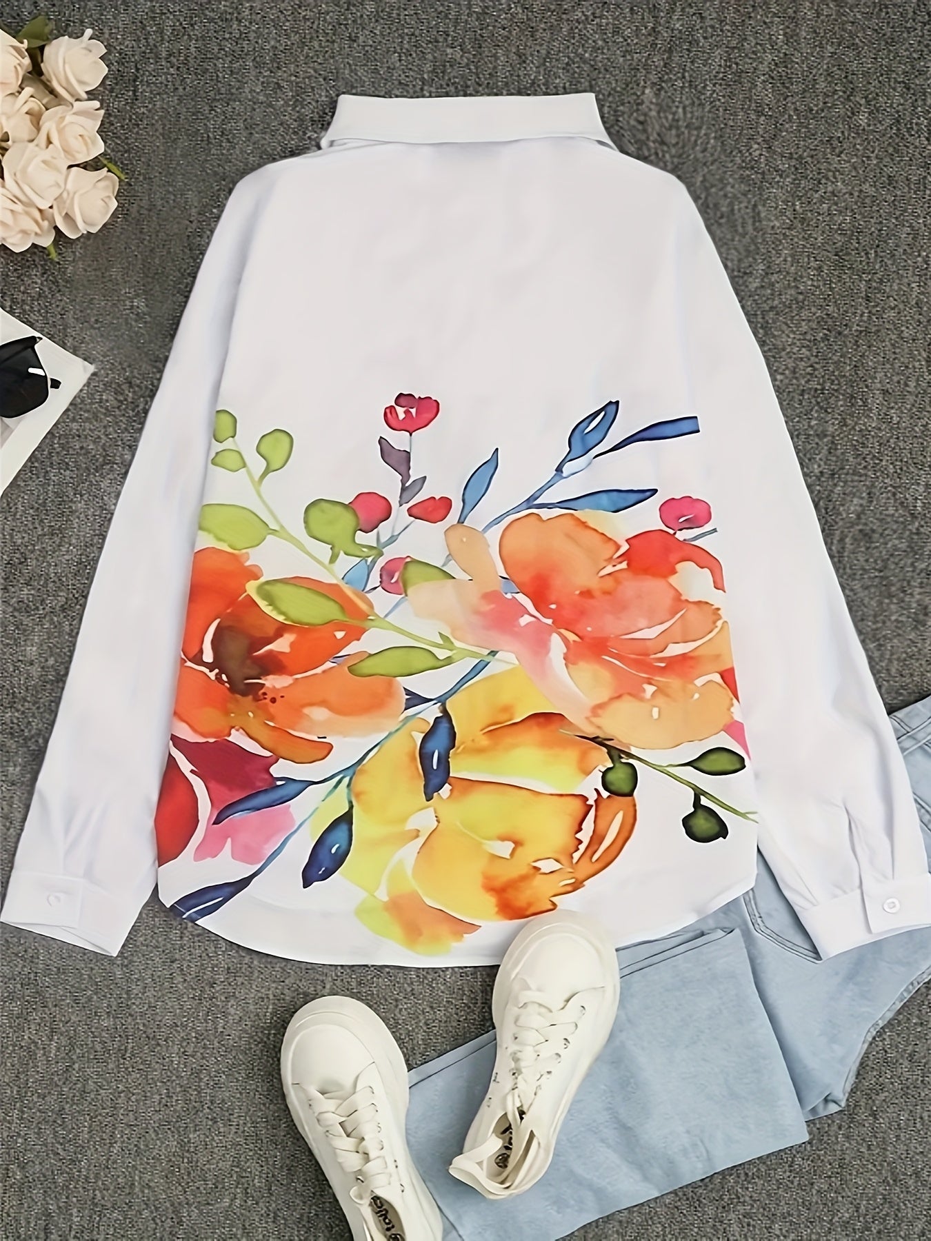Women's Vibrant Floral Print Button-Up Shirt - Casual Long Sleeve with Turn- Collar, Machine Washable, All-Season Elegance, White Base with Colorful Flower Design, Casual Wear | Loose Fit Blouse | Nonelastic Fabric