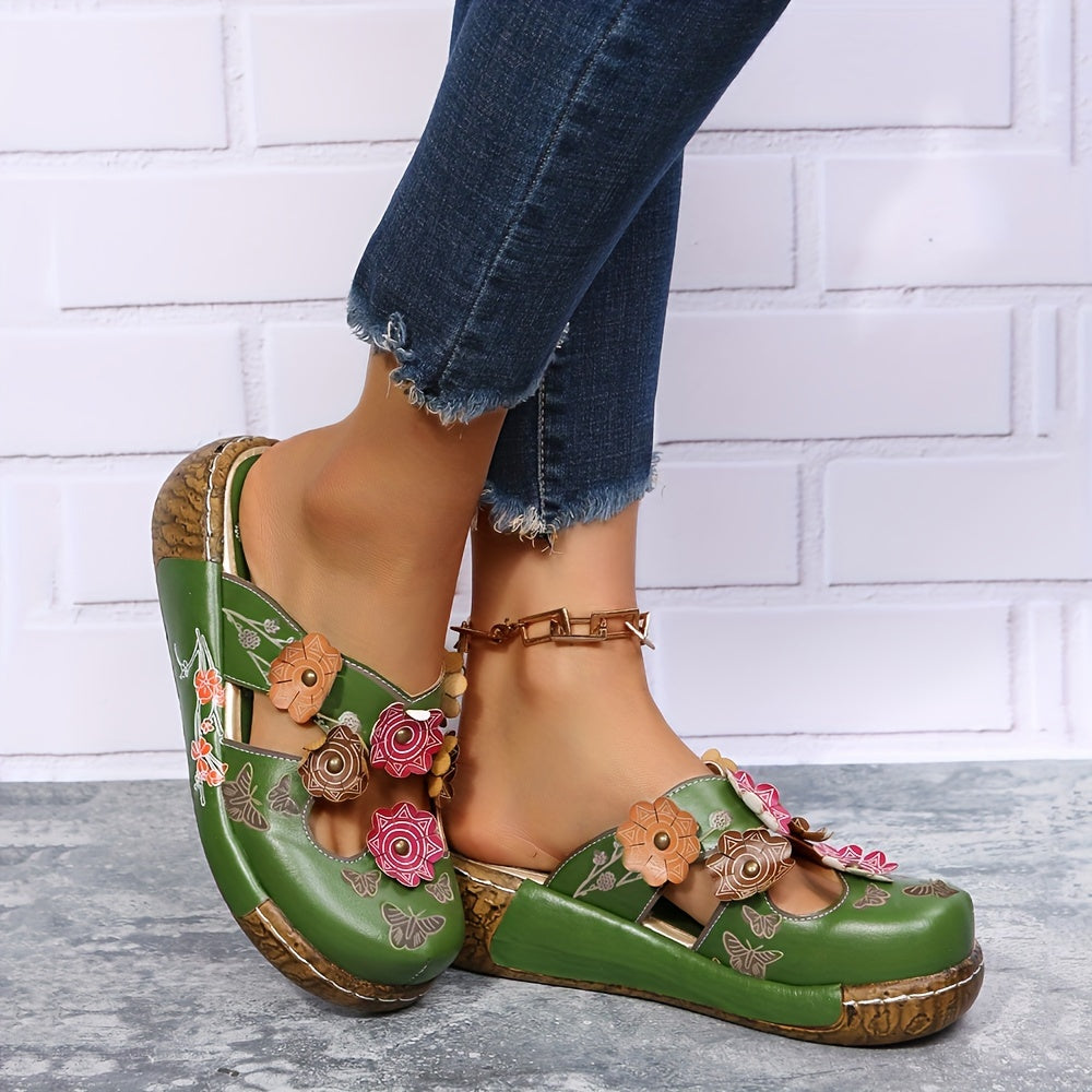 Women's Slip-On Platform Sandals - Ethnic Floral sandals with Cushioned PU Sole, Closed-Toe for Beach, Casual, Formal Events - Green & Pink Floral accents - All-Day Comfort Footbed - Women's Bohemian Footwear, Ladies Shoes An