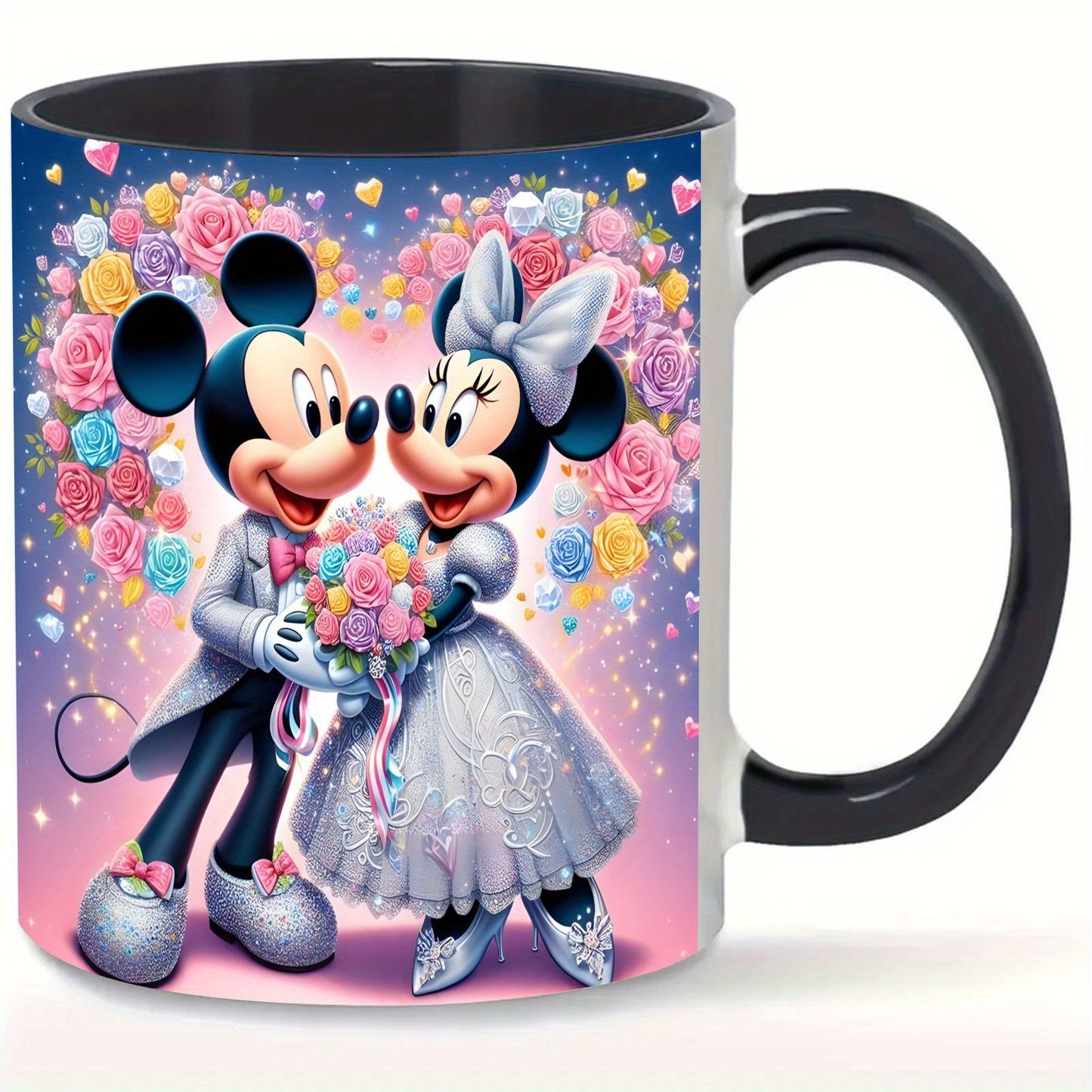Mickey & Minnie Mouse Wedding Easter 11oz Ceramic Mug - Floral Heart & Stars Design, Versatile for Coffee, Tea, Milk, Home Office Cafe Restaurant, Birthday & Easter Gifts, Durable Ceramic Cup, Cafe Cup | Decorative Cup | Dura