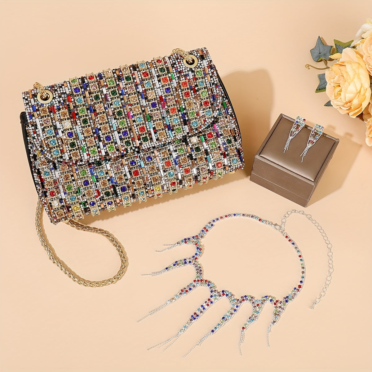 4pcs Of Luxurious Ladies' Dinner Clutch Bag with Jewelry, 1 Set Of Sparkling Wedding Party Ball Banquet Clutch Bag, - Elegant Multi-color PU Handbag with Adjustable Shoulder Strap, Ladies' Necklace And Earrings