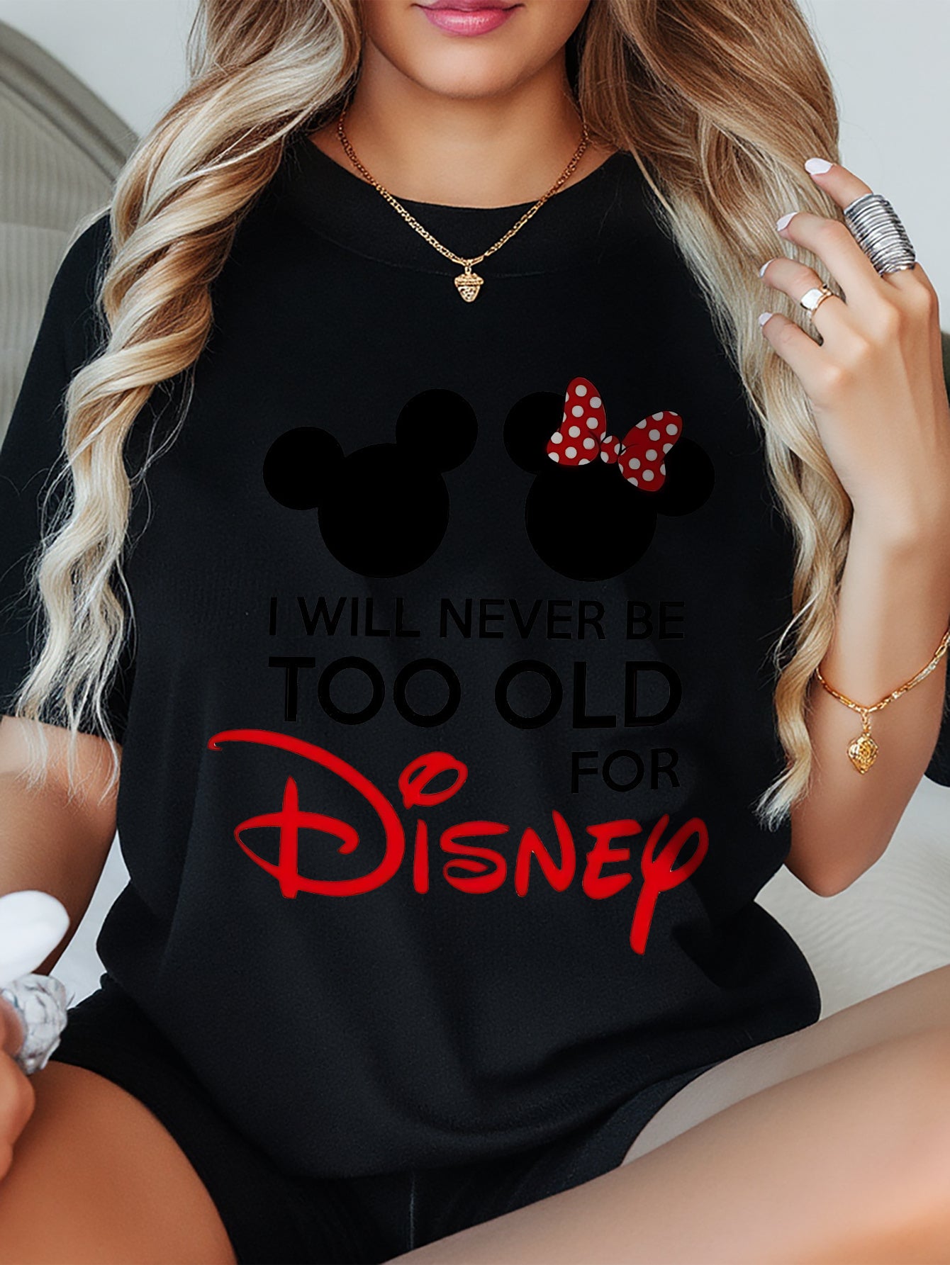Disney Series Women's Oversized T-Shirt - Mickey & Minnie Mouse Graphic with "I Will Never Be Too Old for Disney" Text, Breathable Loose Fit Crew Neck Short Sleeve Top, Casual All-Season Comfort, Disney Fan Apparel, Playful D