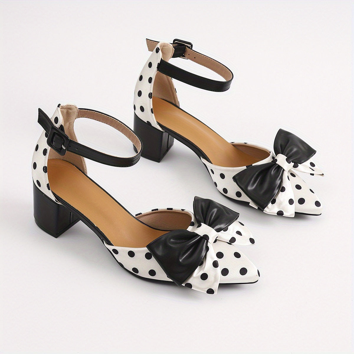 Women's Summer Pointed Toe Mary Jane High Heels with Polka Dot and Black Bow Accents Chunky Heel Breathable Synthetic Cover and TPU Sole Casual or Formal Occasions Stylish Sweet Aesthetic Shoes