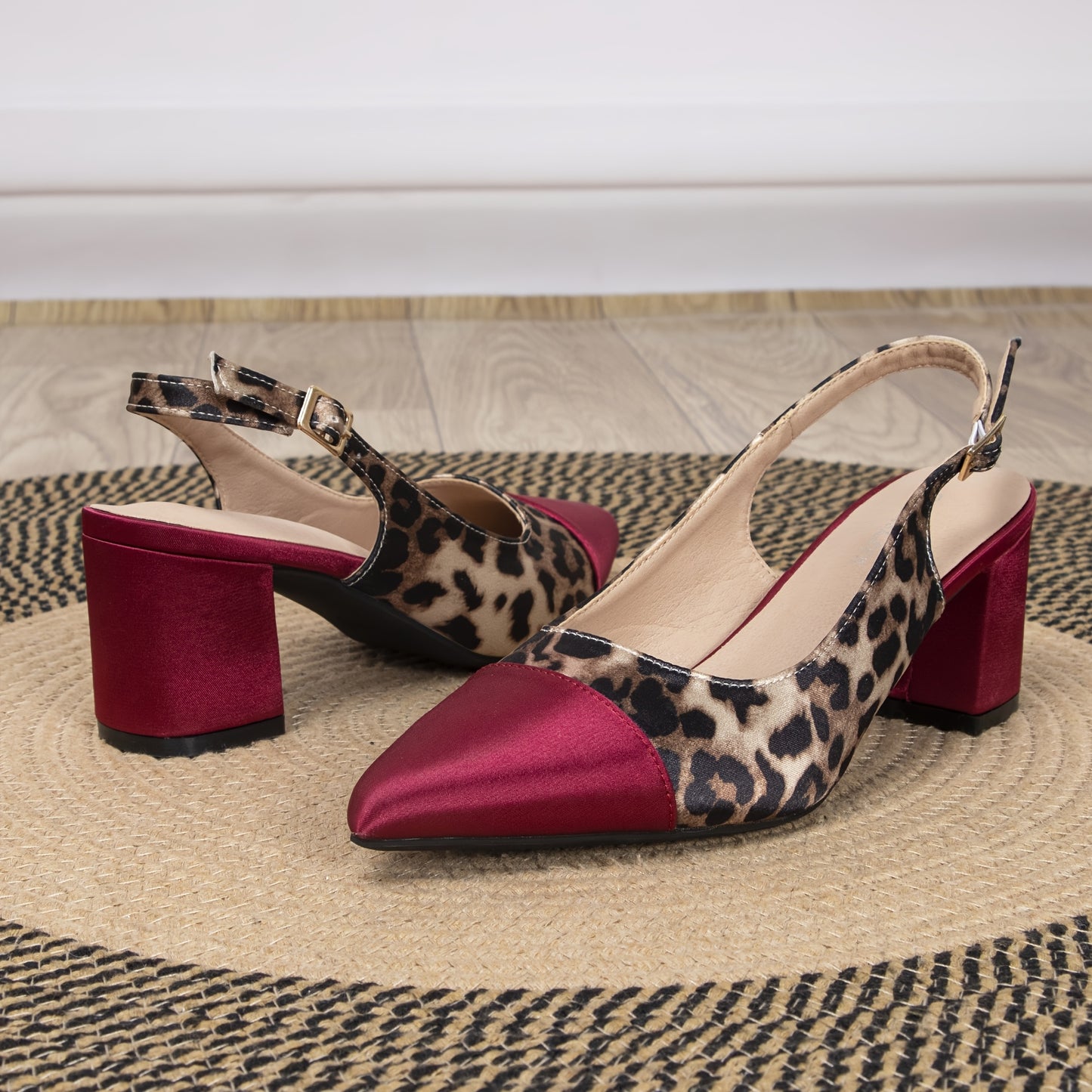 Women's Wine Red Leopard Print Slingback High Heel Pumps 2.36 Inch Chunky Block Heel Pointed Toe Comfortable Fabric and PU Cover Versatile for Summer Parties Casual Outings Office Ideal Gift for Fashion Women