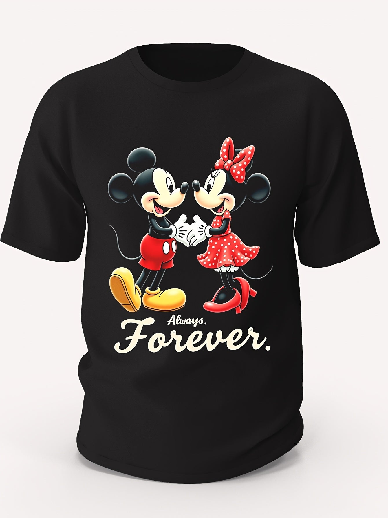 Mickey and Minnie Forever" Cotton Graphic T-Shirt for Men - Black Short Sleeve Crew Neck, 100% Cotton, Casual & Sporty Design with Playful Cartoon Characters, All-Season Wear