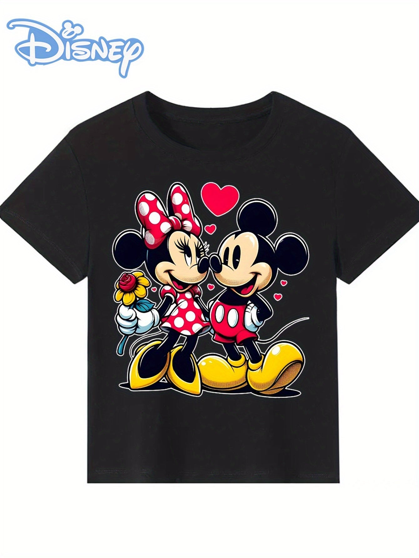 Disney Licensed Minnie & Mickey Mouse Love Print Women's T-Shirt - 100% Cotton Soft Breathable Crew Neck Tee with Heart & Rose Design, Cute Casual Summer Top for Daily Wear & Workouts, Sizes S-XXL, Disney Shirts