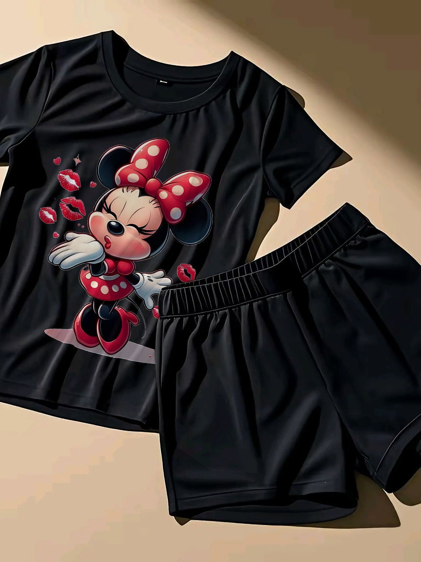 2pcs Set Summer Plus Size Women's Shirt Shorts Set Casual Outfit:'s Kiss Fly Printed Short Sleeve Top& Shorts Set