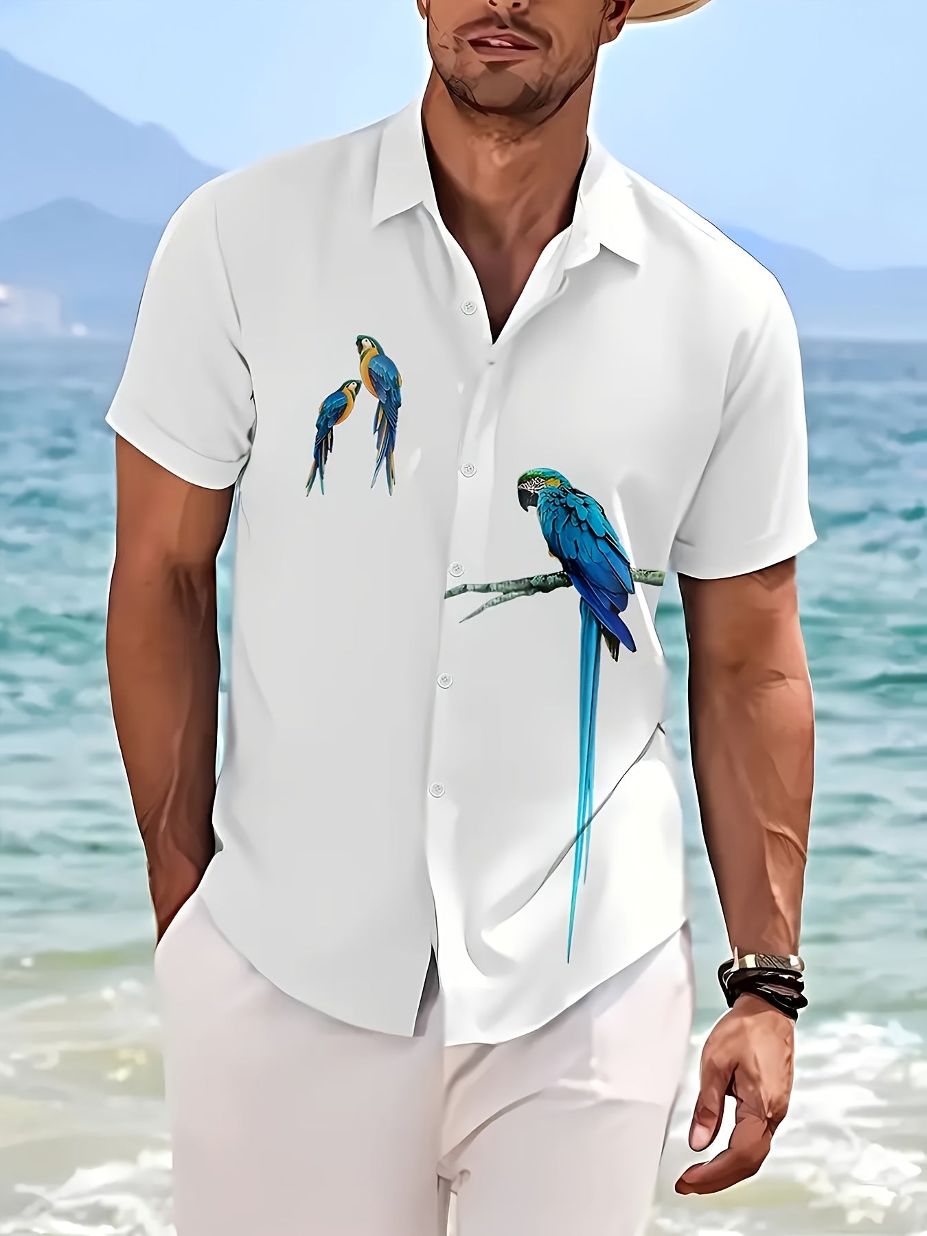 Men's Hawaiian Button- Shirt with Vibrant Parrot Print - Lightweight Breathable Short Sleeve Casual Shirt for Summer Vacation & Dates, Machine Washable Regular Fit, Ideal Gift for Him, Hawaiian Shirt, Date Night Apparel, Easy