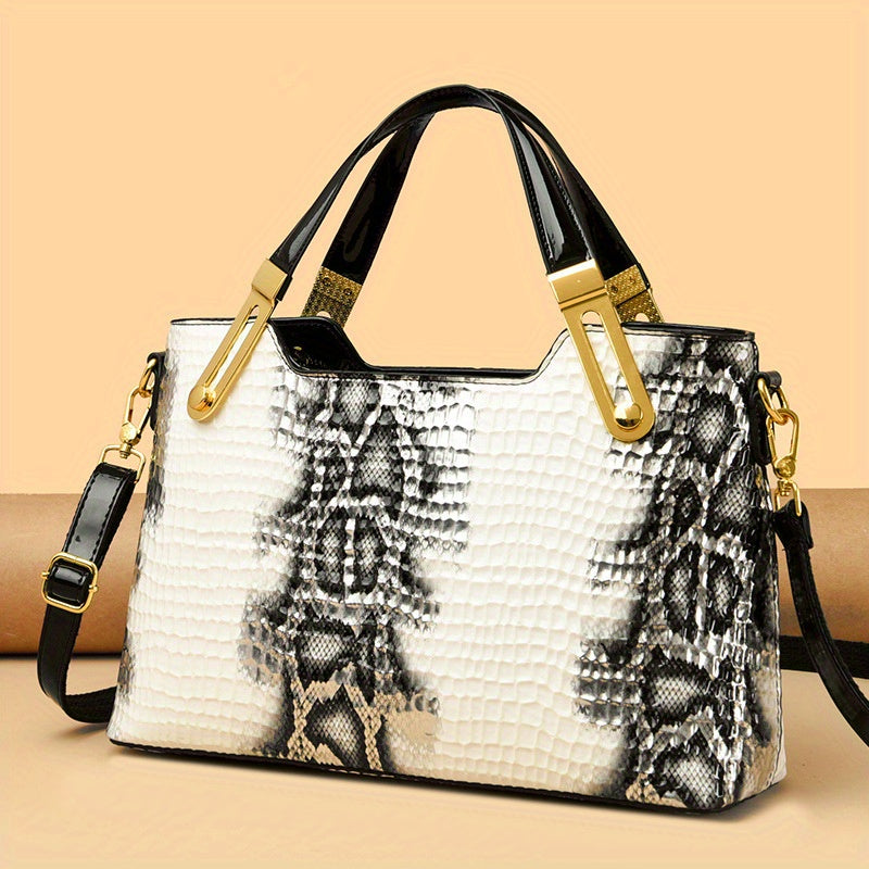 Large Capacity Crocodile Embossed Synthetic Crossbody Bag Black Vintage European American Style Shoulder Bag with Golden Tone Hardware Zipper Closure Polyester Lining