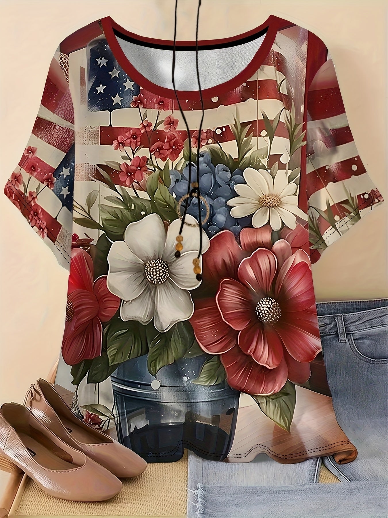 Women'S Plus-Size Floral T-Shirt, Casual Crew Neck, Short Sleeve, 3D American Flag Print, Summer Knit Polyester Top with Slight Stretch, 95% Polyester 5% Spandex, 180g/m² - Outdoor Clothing