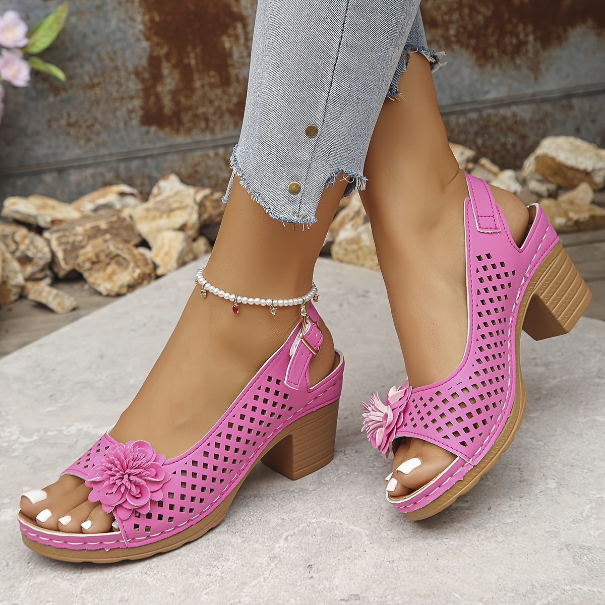 Women's Summer Korean-Inspired Floral Embroidered Sandals - Breathable Mesh Upper, Adjustable Ankle Strap & Hook-and-Loop Closure, Mid-Heel TPR Sole - Yellow & Pink Options for Casual Outings, Stylish Outdoor Footwear, Embell