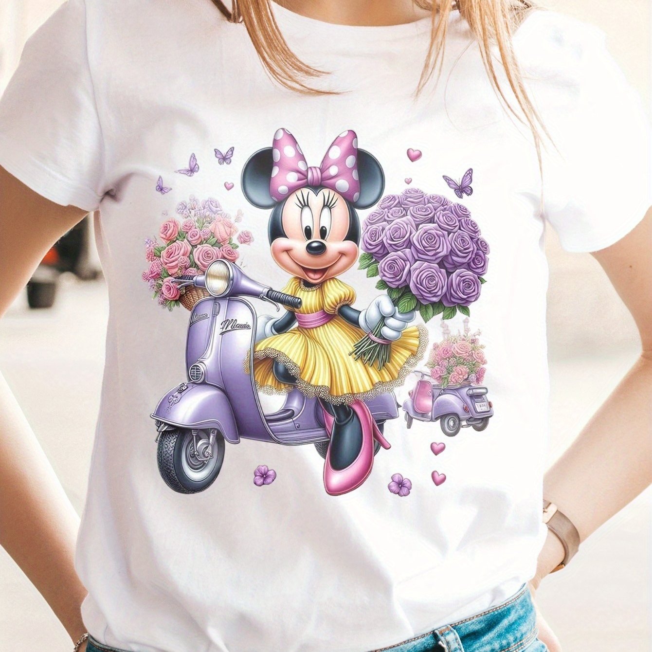 Disney Mickey & Minnie Series Women's Short Sleeve T-Shirt - 100% Cotton Cute Cartoon Print with Purple Scooter, Flowers & Butterflies - All-Season Comfort for Hiking, Date Night, Casual Outfits (S-XXL), Casual Wear Tshirt |