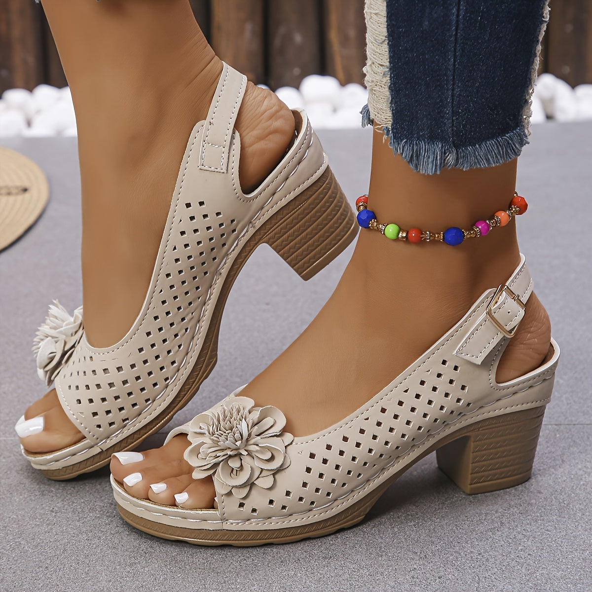 Women's Summer Korean-Inspired Floral Embroidered Sandals - Breathable Mesh Upper, Adjustable Ankle Strap & Hook-and-Loop Closure, Mid-Heel TPR Sole - Yellow & Pink Options for Casual Outings, Stylish Outdoor Footwear, Embell