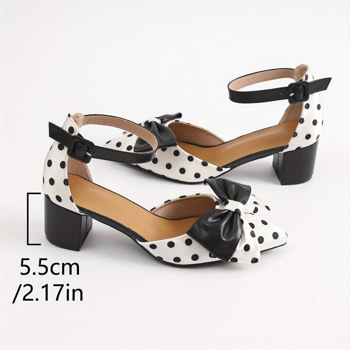 Women's Summer Pointed Toe Mary Jane High Heels with Polka Dot and Black Bow Accents Chunky Heel Breathable Synthetic Cover and TPU Sole Casual or Formal Occasions Stylish Sweet Aesthetic Shoes