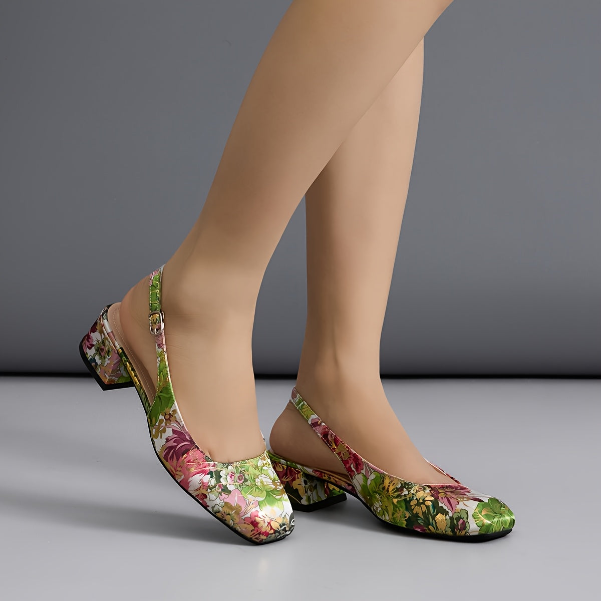 Elegant Women's Floral Mid-Chunky Heel Sandals - Square Toe, Ankle Strap, Faux Cover Lining, Rubber Sole, Summer Dress Shoes in Vibrant Green, Red & Pink Floral Pattern, Semiformal Shoes | Floral Wedge Sandals | Rubber Sole S