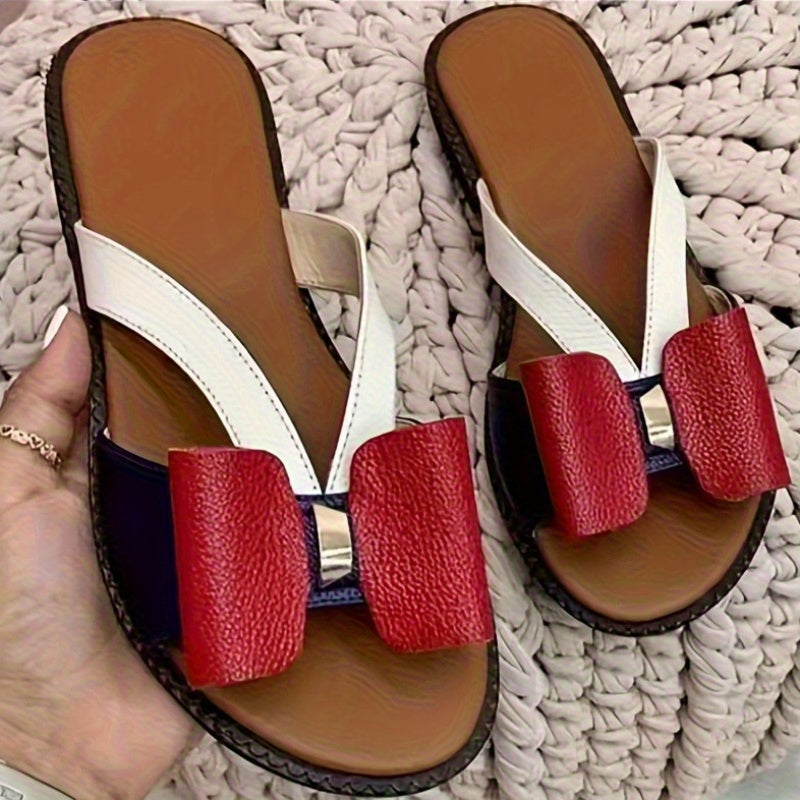 2025 Summer Women's Casual Flat Sandals with Red Bow Detail Open Back Strap Soft Sole Beach Slippers Comfortable Outdoor Daily Wear Cute Style