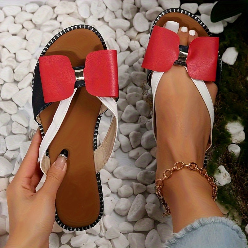 2025 Summer Women's Casual Flat Sandals with Red Bow Detail Open Back Strap Soft Sole Beach Slippers Comfortable Outdoor Daily Wear Cute Style