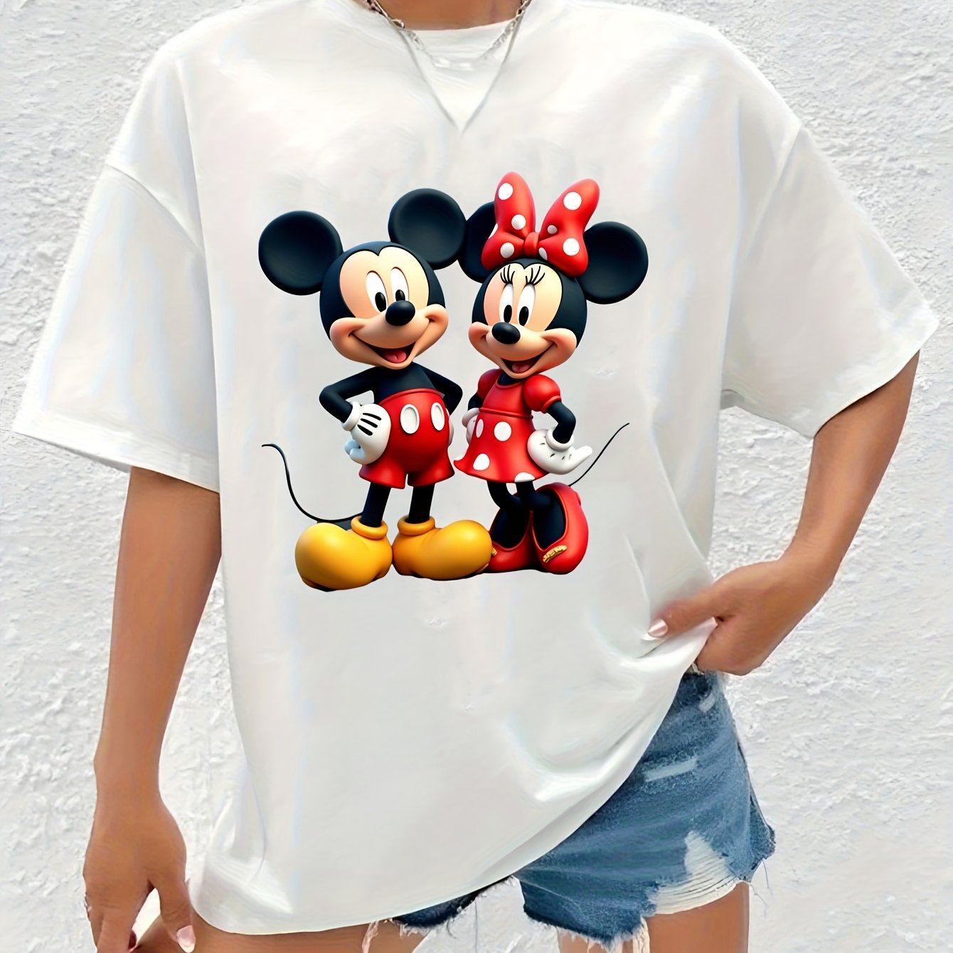 Disney Official Mickey & Minnie Mouse Graphic T-Shirt for Men - 220g Cotton Crew Neck Short Sleeve Tee with Umbrella Hem, All-Season Casual & Sportswear, Single-Sided Print (Style 23AB1), Smooth Texture Fabric