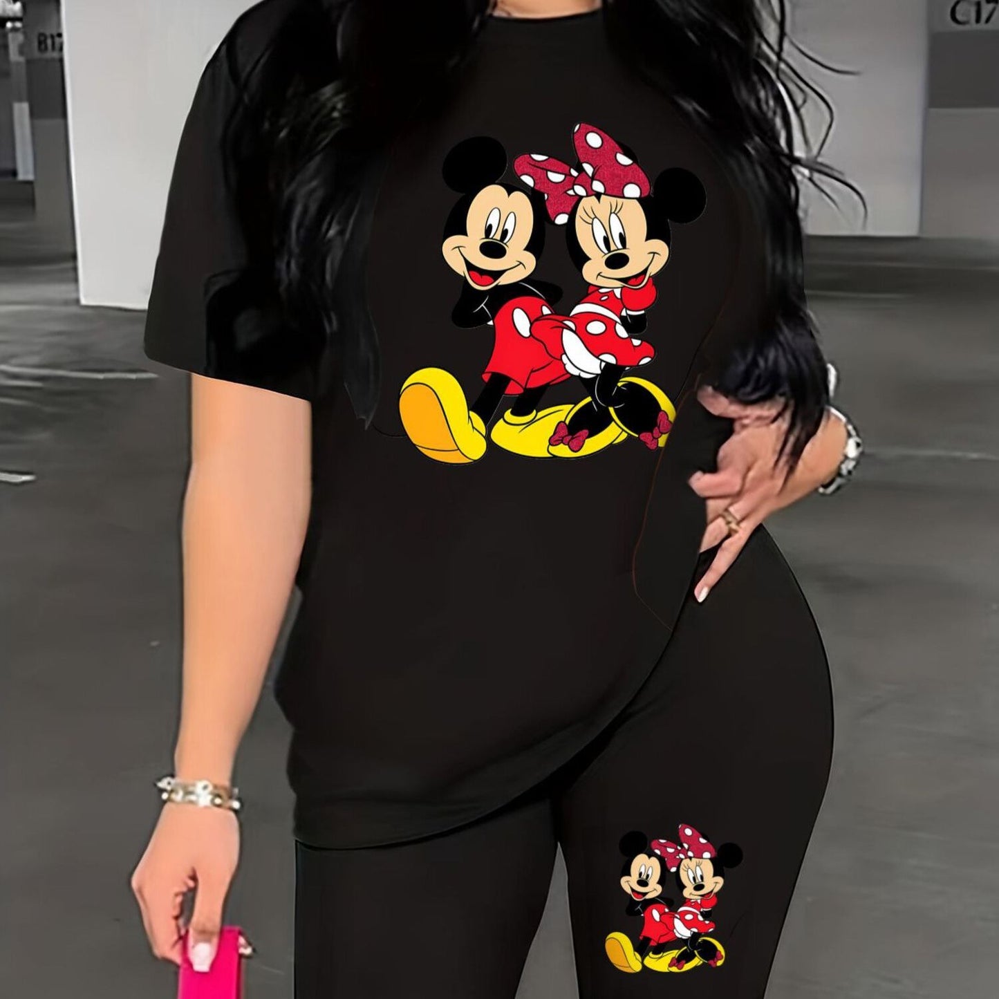 A Two-Piece Outfit Featuring a Printed Short-Sleeve T-Shirt with Dropped Shoulders And Cropped Leggings, Designed for Plus-Size Women, Licensed with Mickey And Minnie.