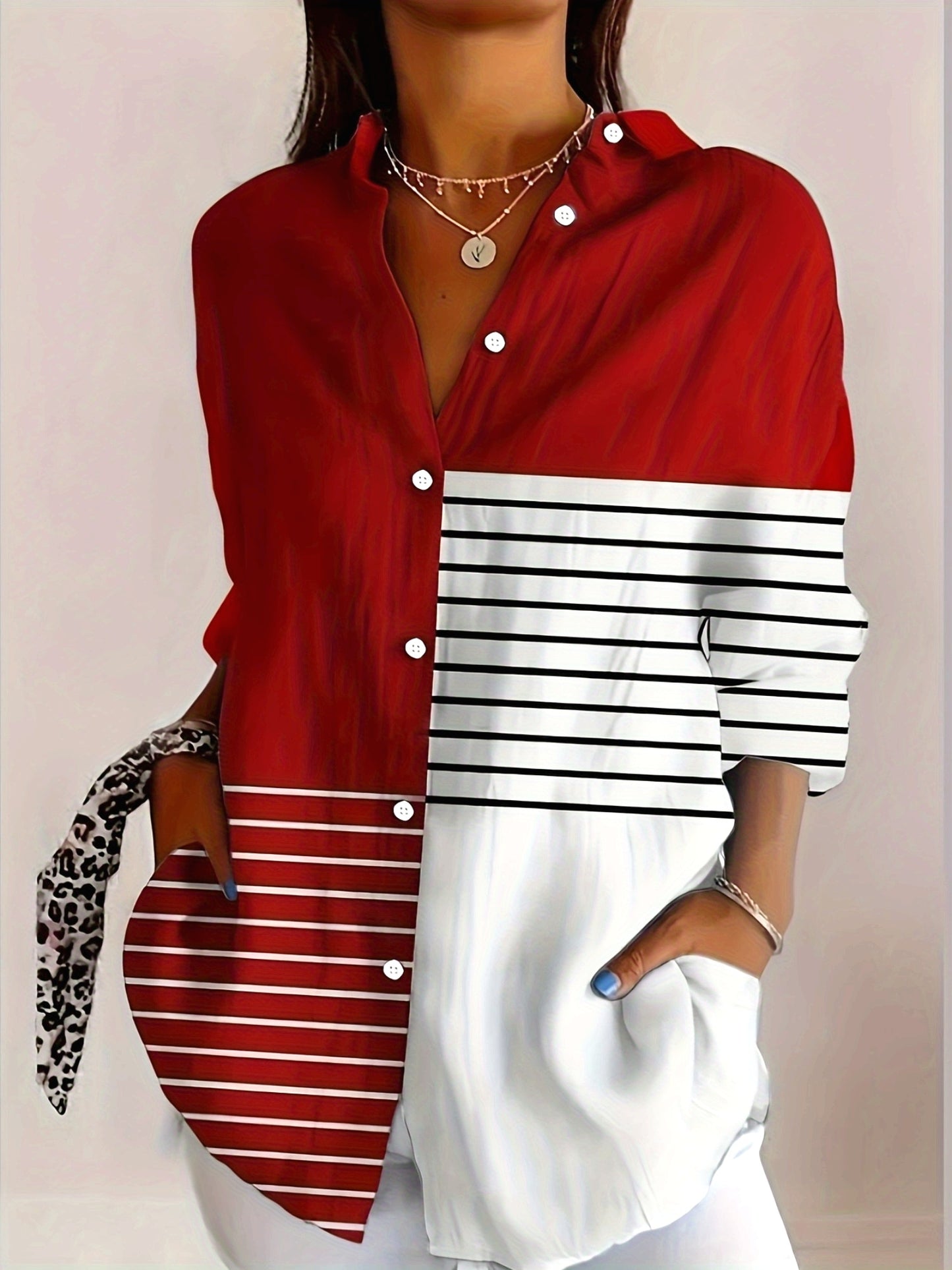 Women'S Casual Striped Button-Up Shirt - Red & White Vertical Stripes, Short Sleeve, Collar, Lightweight Polyester, Perfect for Spring/Fall, Ladies T Shirts