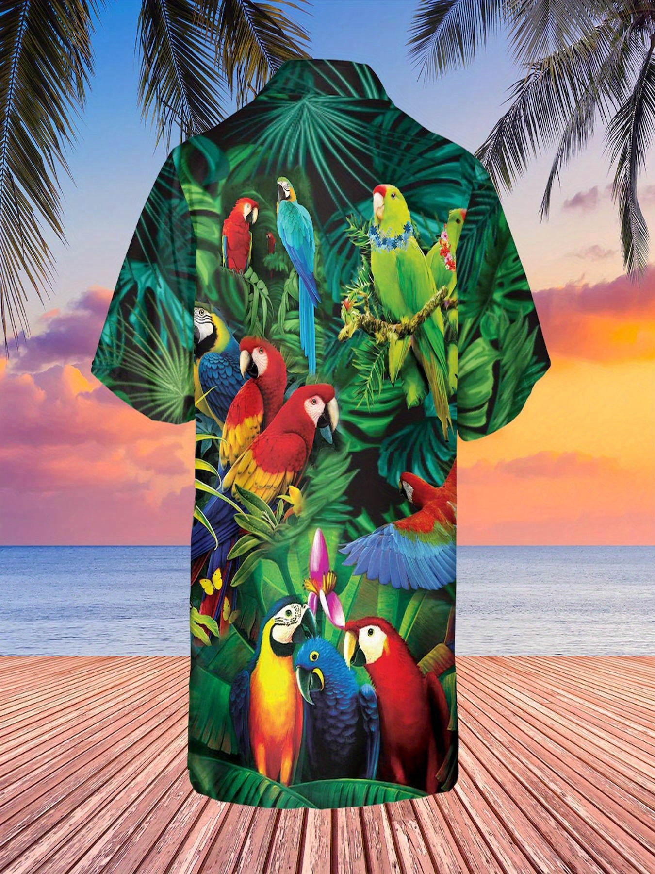 Men's Hawaiian Shirt - Tropical Parrot & Foliage Print, Unisex Loose Fit Short Sleeve Button-Up, Breathable Lightweight Fabric for Beach Vacation & Casual Summer Wear, Machine Washable, Romantic Resort Attire, Semitransparent