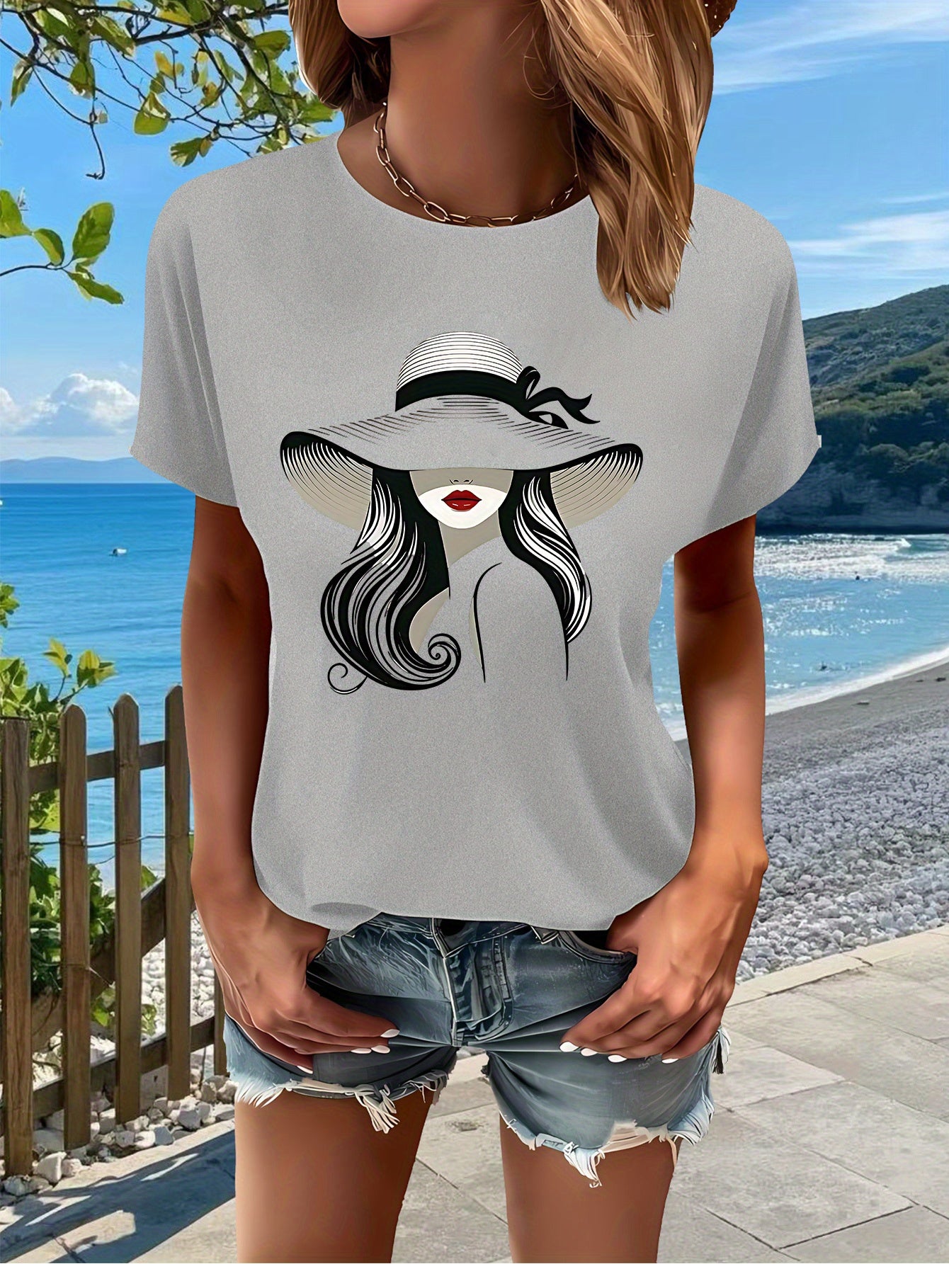 Hat Lady Gift 1pc New Women'S Summer T-Shirt, Printed, Short Sleeved Top, White, Red, Black, Green, Pink, Gray, Apricot, for Home, Outdoor, Party, Sports, Work, Vacation