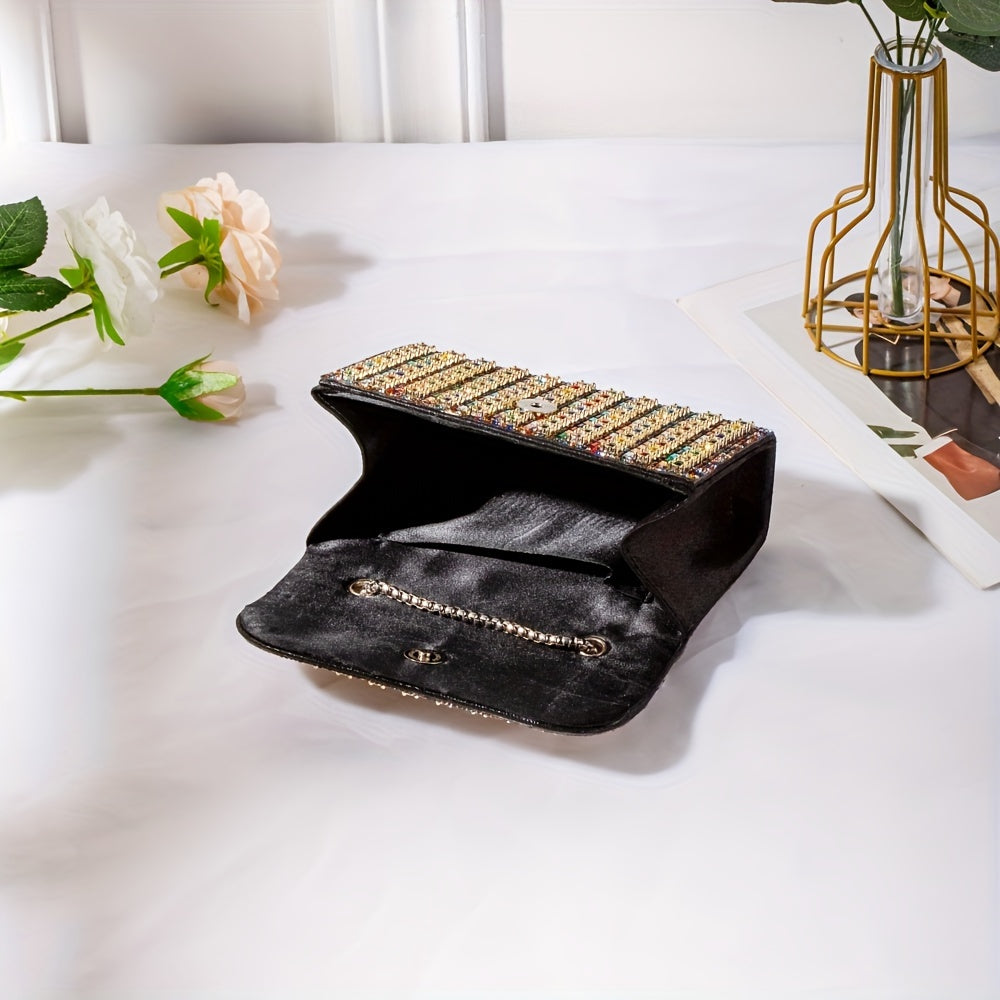 Double-Sided Water Drill Ladies' Evening Clutch - Luxurious Chain, Shiny Handbag Wallet, Stylish Shoulder Bag for Parties, Weddings