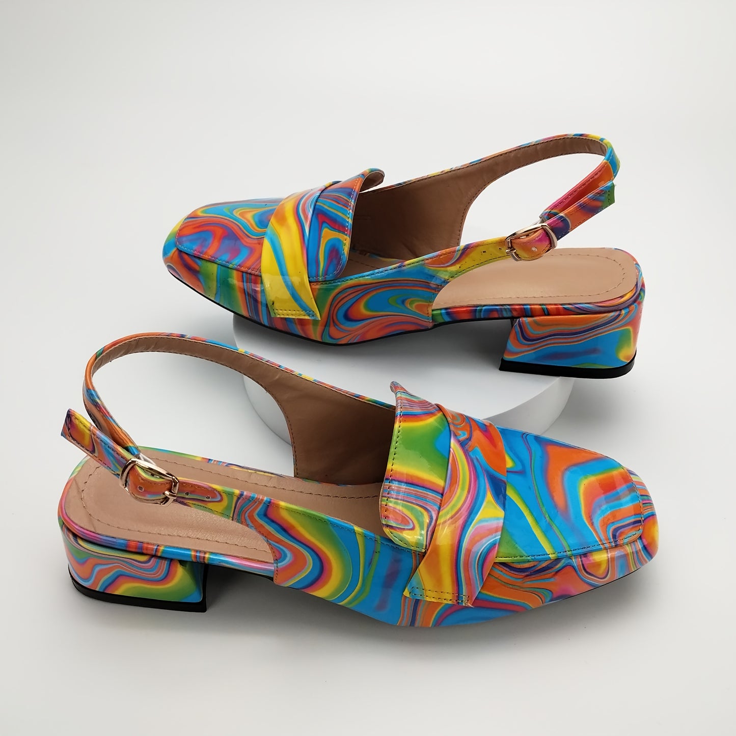 Women'S Stylish Summer Block Heel - Colorful Abstract Print, Square Toe, Mid-Height, Synthetic Upper & Insole, TPU Sole, All-Season Footwear, Fashionable Footwear | Vibrant | Durable Footwear