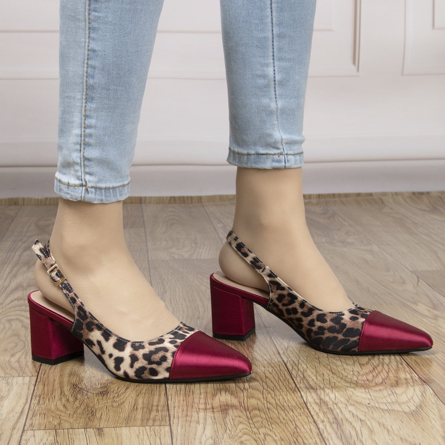 Women's Wine Red Leopard Print Slingback High Heel Pumps 2.36 Inch Chunky Block Heel Pointed Toe Comfortable Fabric and PU Cover Versatile for Summer Parties Casual Outings Office Ideal Gift for Fashion Women