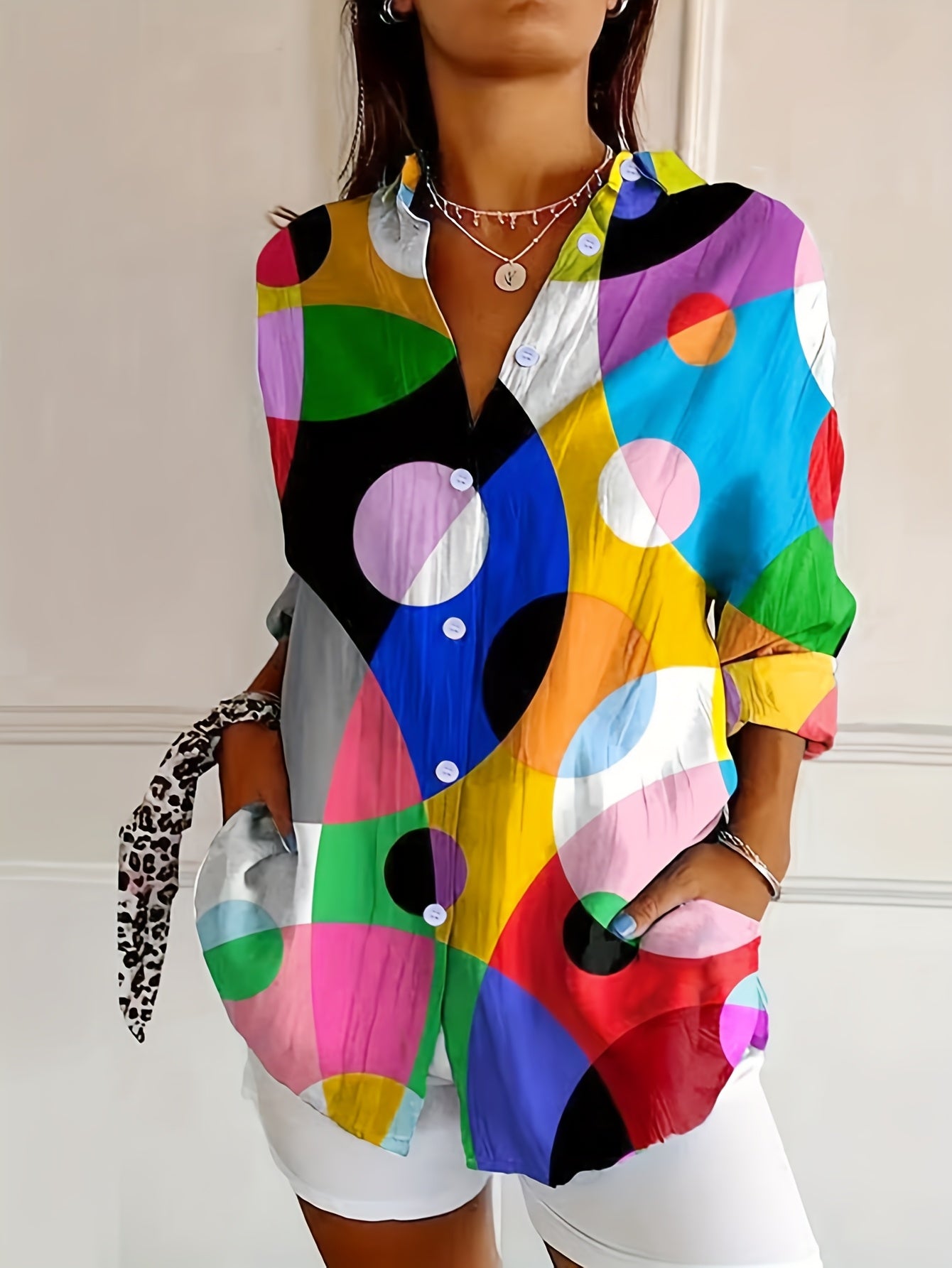 Women'S Stylish Printed Long-Sleeve Collared Shirt for Mother'S Day, Suitable for Spring And Summer.