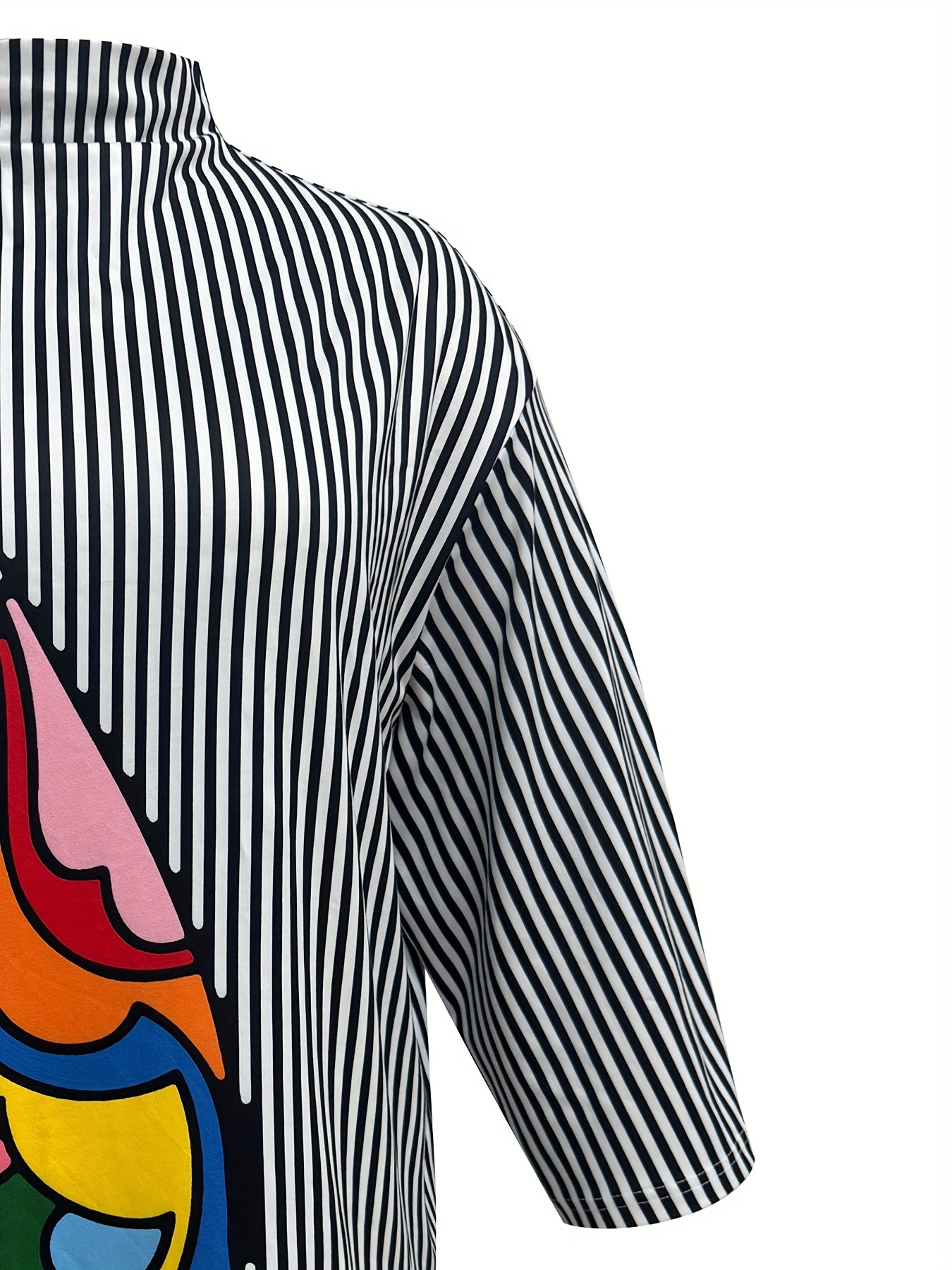 Summer Semi-High Neck Personality Print Striped Casual Commuter Versatile Long-Sleeve Women's Plus-Size T-Shirt Top