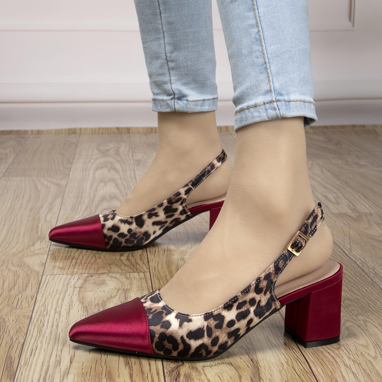 Women's Wine Red Leopard Print Slingback High Heel Pumps 2.36 Inch Chunky Block Heel Pointed Toe Comfortable Fabric and PU Cover Versatile for Summer Parties Casual Outings Office Ideal Gift for Fashion Women