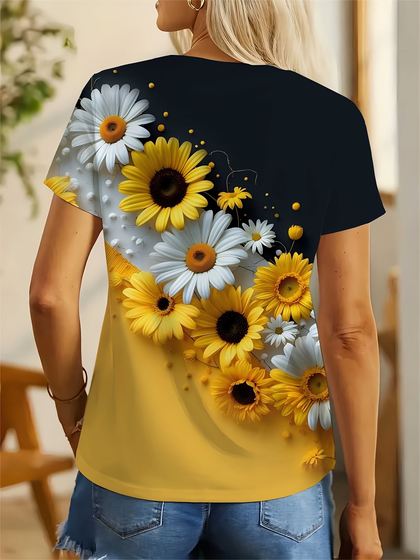 Women'S Sunflower Floral Print T-Shirt - Black & Yellow Contrast Color Block Design, Round Neck Casual Top, Breathable Machine-Washable Fabric, Spring Summer Fashion Gift, Seasonal Gift Clothing, Elegant Digital