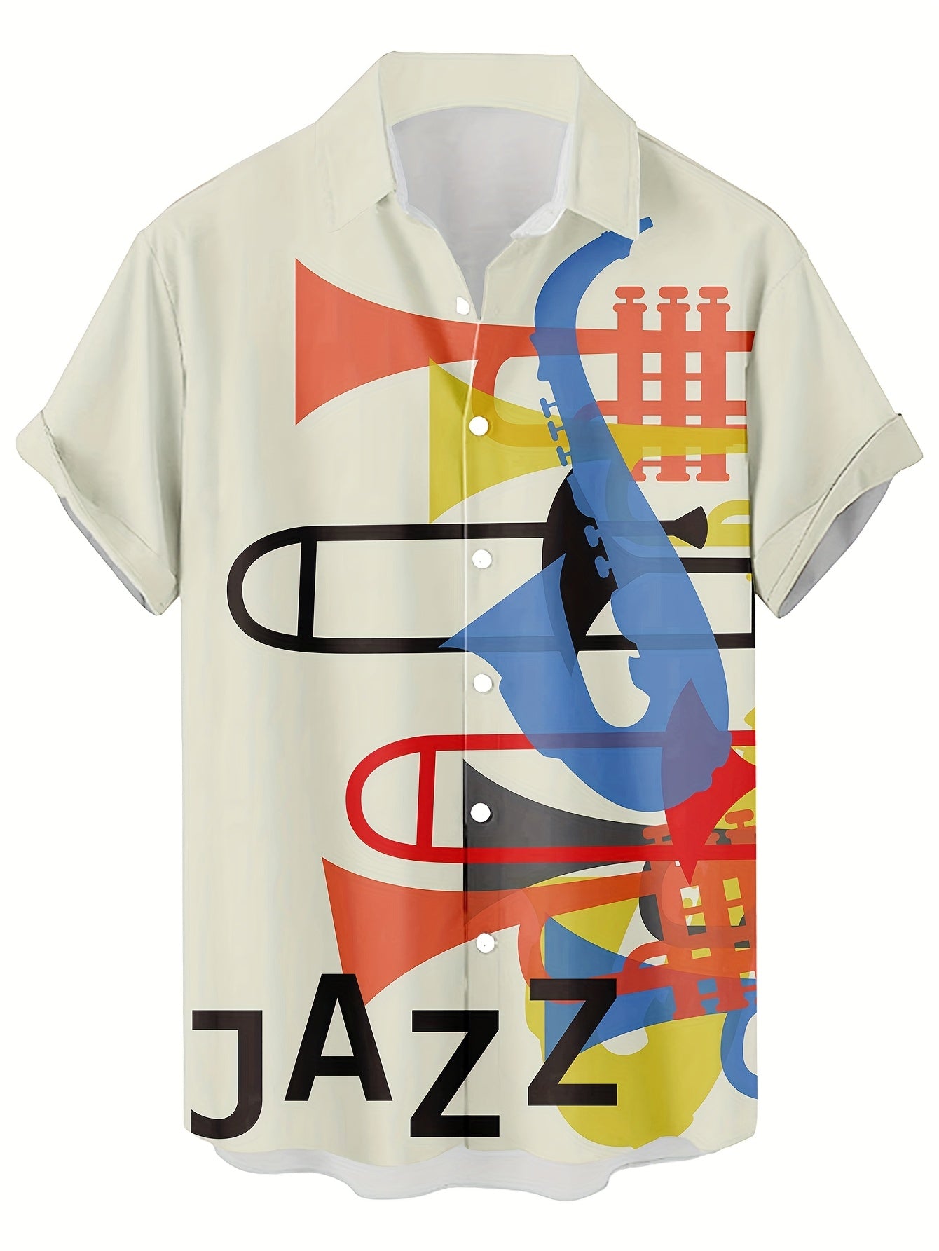 Men's Vintage Jazz 3D Print Casual Shirt - 95% Polyester 5% Spandex Short Sleeve, Regular Fit Non-Stretch Single Breasted, Summer Weekend Wear with Bold Jazz Musician Graphic Design, Leisure Clothing, Smooth Texture Fabric
